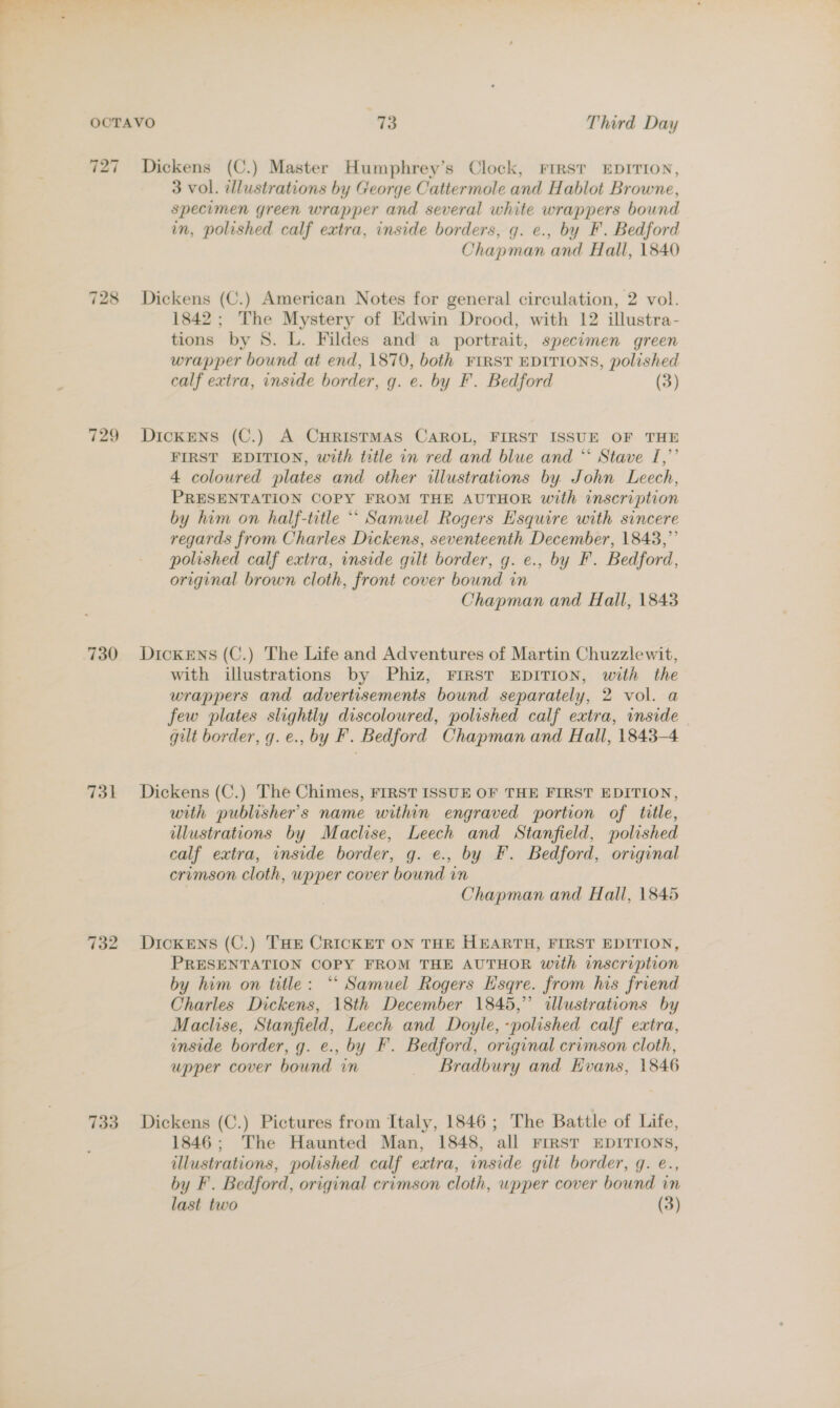 OCTAVO 93 Third Day 727 Dickens (C.) Master Humphrey’s Clock, FrRsT EDITION, 3 vol. tllustrations by George Cattermole and Hablot Browne, specimen green wrapper and several white wrappers bound in, polished calf extra, inside borders, g. e., by F. Bedford Chapman and Hall, 1840 728 Dickens (C.) American Notes for general circulation, 2 vol. 1842; The Mystery of Edwin Drood, with 12 illustra- tions by 8. L. Fildes and a portrait, specimen green wrapper bound at end, 1870, both FIRST EDITIONS, polished calf extra, inside border, g. e. by F. Bedford (3) 729 Dickens (C.) A CHRISTMAS CAROL, FIRST ISSUE OF THE FIRST EDITION, with title in red and blue and “ Stave I,”’ 4 coloured plates and other illustrations by John Leech, PRESENTATION COPY FROM THE AUTHOR with inscription by him on half-title ** Samuel Rogers Esquire with sincere regards from Charles Dickens, seventeenth December, 1843,” polished calf extra, inside gilt border, g. e., by F. Bedford, original brown cloth, front cover bound in Chapman and Hall, 18438 730 Dickens (C.) The Life and Adventures of Martin Chuzzlewit, with illustrations by Phiz, FIRST EDITION, with the wrappers and advertisements bound separately, 2 vol. a few plates slightly discoloured, polished calf extra, inside gilt border, g. e., by F. Bedford Chapman and Hall, 1843-4 731 Dickens (C.) The Chimes, FIRST ISSUE OF THE FIRST EDITION, with publisher's name within engraved portion of tile, illustrations by Maclise, Leech and Stanfield, polished calf extra, inside border, g. e., by F. Bedford, original crimson cloth, wpper cover bound in Chapman and Hall, 1845 732 Dickens (C.) THE CRICKET ON THE HEARTH, FIRST EDITION, PRESENTATION COPY FROM THE AUTHOR with inscription by him on title: “‘ Samuel Rogers Esqre. from his friend Charles Dickens, 18th December 1845,” illustrations by Maclise, Stanfield, Leech and Doyle, -polished calf extra, inside border, g. e., by F. Bedford, original crimson cloth, upper cover bound in Bradbury and Evans, 1846 733 Dickens (C.) Pictures from Italy, 1846; The Battle of Life, 1846; The Haunted Man, 1848, all FIRST EDITIONS, illustrations, polished calf extra, inside gilt border, g. e., by F. Bedford, original crimson cloth, wpper cover bound in last two (3)