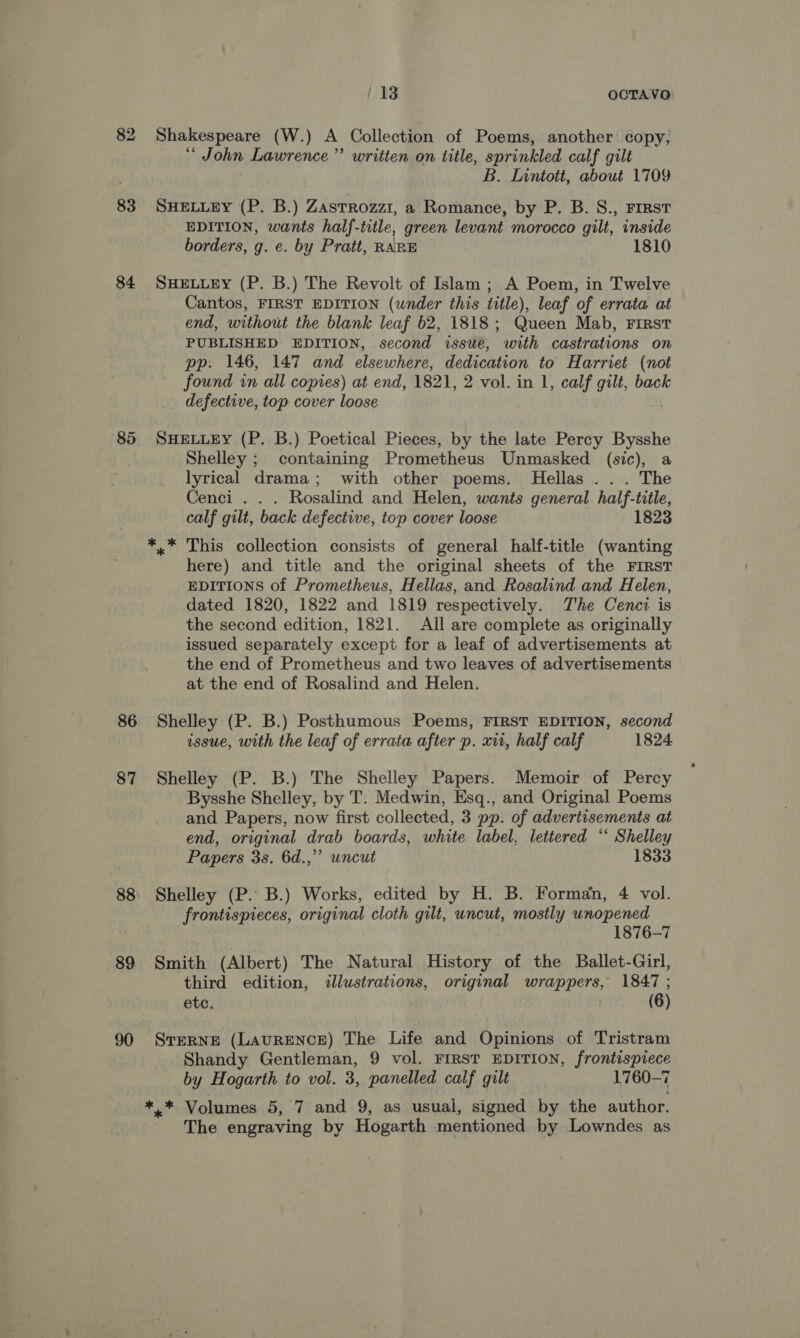 82 83 84 85 86 87 88 89 90 / 13 OCTAVO) Shakespeare (W.) A Collection of Poems, another copy, “ John Lawrence” written on title, sprinkled calf gilt B. Lintott, about 1709 SHELLEY (P. B.) ZASTROZZI, a Romance, by P. B. S., FIRST EDITION, wants half-title, green levant morocco gilt, inside borders, g. e. by Pratt, RARE 1810 SHELLEY (P. B.) The Revolt of Islam ; A Poem, in Twelve Cantos, FIRST EDITION (under this title), ), leaf of errata at end, without the blank leaf 62, 1818 ; Queen Mab, FIRST PUBLISHED EDITION, second issué, with castrations on pp. 146, 147 and elsewhere, dedication to Harriet (not found in all copies) at end, 1821, 2 vol. in 1, calf gilt, back defective, top cover loose SHELLEY (P. B.) Poetical Pieces, by the late Percy Bysshe Shelley ; containing Prometheus Unmasked (sic), a lyrical drama; with other poems, Hellas ... The Cenci . . . Rosalind and Helen, wants general half-title, calf gilt, back defective, top cover loose 1823 here) and title and the original sheets of the FIRST EDITIONS of Prometheus, Hellas, and Rosalind and Helen, dated 1820, 1822 and 1819 respectively. The Cenczi is the second edition, 1821. All are complete as originally issued separately except for a leaf of advertisements at the end of Prometheus and two leaves of advertisements at the end of Rosalind and Helen. Shelley (P. B.) Posthumous Poems, FIRST EDITION, second issue, with the leaf of errata after p. xii, half calf 1824 Shelley (P. B.) The Shelley Papers. Memoir of Percy Bysshe Shelley, by T. Medwin, Esq., and Original Poems and Papers, now first collected, 3 pp. of advertisements at end, original drab boards, white label, lettered ‘‘ Shelley Papers 3s. 6d.,” uncut 1833 Shelley (P.. B.) Works, edited by H. B. Forman, 4 vol. frontispieces, original cloth gilt, uncut, mostly unopened 1876-7 Smith (Albert) The Natural History of the Ballet-Girl, third edition, illustrations, original wrappers, 1847 ; etc. ! (6) STERNE (LAURENCE) The Life and Opinions of Tristram Shandy Gentleman, 9 vol. FIRST EDITION, frontispiece by Hogarth to vol. 3, panelled calf gilt 1760-7 The engraving by Hogarth mentioned by Lowndes as