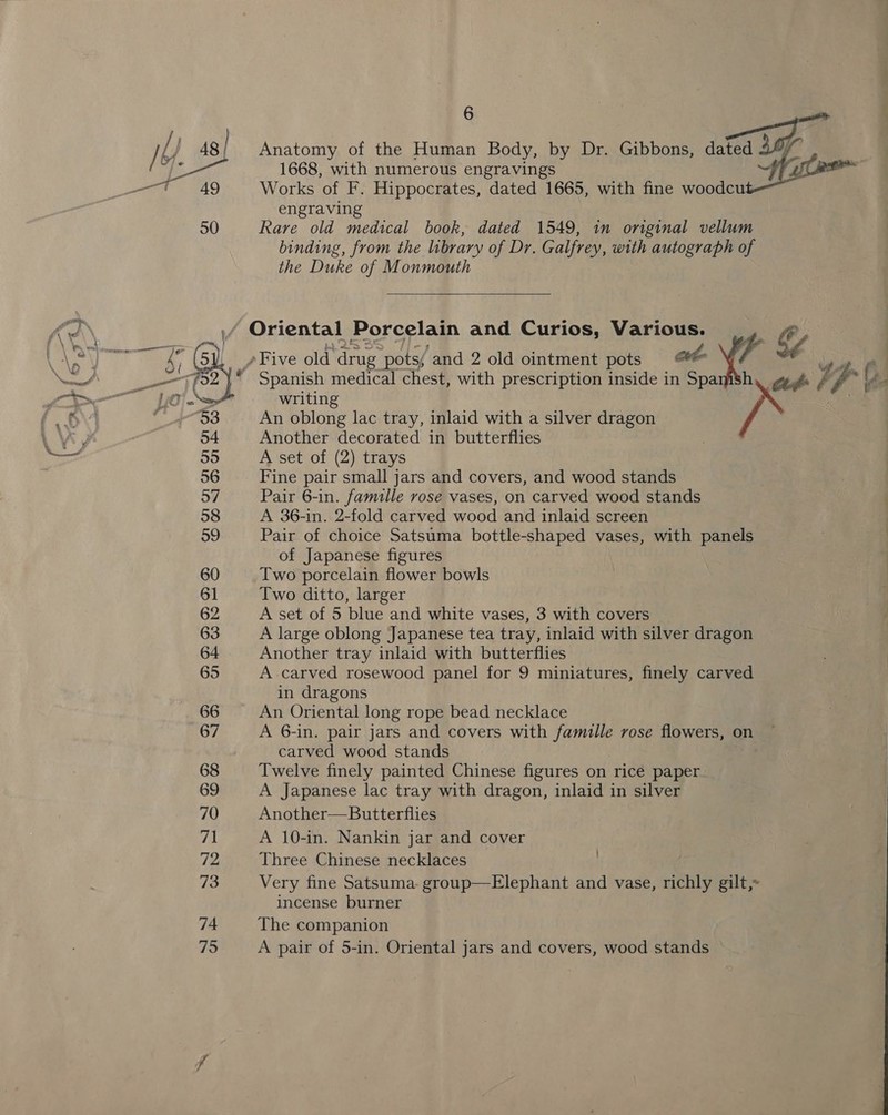Ik } 48 | —T 49 50 “53 54 55 56 o7 58 59 60 61 62 63 64 65 66 67 68 69 70 71 72 73 74 795 6 Anatomy of the Human Body, by Dr. Gibbons, ii | 1668, with numerous engravings “S i sm Works of F. Hippocrates, dated 1665, with fine woodcu engraving Rare old medical book, dated 1549, in original vellum binding, from the library of Dr. Galfrey, with autograph of the Duke of Monmouth  * Oriental Porcelain and Curios, abe: writing An oblong lac tray, inlaid with a silver dragon Another decorated in butterflies A set of (2) trays Fine pair small jars and covers, and wood stands Pair 6-in. famille rose vases, on carved wood stands A 36-in. 2-fold carved wood and inlaid screen Pair of choice Satsuma bottle-shaped vases, with panels of Japanese figures Two porcelain flower bowls Two ditto, larger A set of 5 blue and white vases, 3 with covers A large oblong Japanese tea tray, inlaid with silver dragon Another tray inlaid with butterflies A.carved rosewood panel for 9 miniatures, finely carved in dragons An Oriental long rope bead necklace A 6-in. pair jars and covers with jane rose flowers, on carved wood stands Twelve finely painted Chinese figures on rice paper A Japanese lac tray with dragon, inlaid in silver Another—Butterflies A 10-in. Nankin jar and cover Three Chinese necklaces Very fine Satsuma. group—Elephant and vase, richly gilt, incense burner The companion A pair of 5-in. Oriental jars and covers, wood stands 