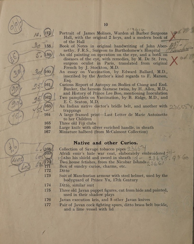 — &amp; * £ S 7 AP t oe PA we oes ah 4 \ . A Nene a4 een ee &lt; pes} Si, i ¥ a 4 7 a F ona my ‘ | 4 i \ \ p, 4. pe) “eel if (LEO ee ai f % {at t feel of A denen —_ — a ue Bo a 172 173 174 175 176 177 10 if DE 6/ Lp Portrait of James Molines, Warden at Barber Surgeons Hall, with the original 2 keys, and a modern book of | of the Hall 7. Book of Notes in original handwriting of John Aware ZB nz nethy, F.R.S., Surgeon to Bartholomew’s Hospital ST srw An old painting on operation on the eye, and a book on _ » il diseases of the eye, with remedies, by M. De St. Ives, ne surgeon oculist in ‘Paris, translated from original Xo ; French by J. Stockton, M.D. 7 An essay on Vaccination, by Edward Ballard, M.D., inscribed by the Author’s kind regards to F. Marson, Esq. Curious Report of Autopsy on Bodies of Chang and End. Bunker, the famous Siamese twins, by H. Allen, M.D., and History of Prince Lee Boo, mentioning Inoculation Two pamphlets on Vaccination, by B. Ridge, M.D., and E. C. Seaton, M.D. An Indian native doctor’s bridle belt, and another with 23.58 trappings | A large framed print—Last Letter de Marie Antoinette to her Children Three old Fiji clubs Large knife with silver enriched handle in sheath Miniature halberd (from McCalmont Collection)     Native and other Curios. Collection of Savage tobacco pipes 2 Ayin'5 Afridi emir’s hide war coat, elaborately embroidered *° |- fe! “also his shield and sword in sheath | 4 — a3 ( ri a g Y (ae, Box of sundry curios, charms, etc. Ditto Suit of Manchurian armour with steel irelfnat, used by the bodyguard of Prince Yu, 17th Century Ditto, similar suit Three old Javan puppet figures, cut aie hide aiid painted, used in their shadow plays Javan execution kris, and 5 other Javan knives Pair of Javan cock fighting spurs, ditto brass belt buckle, and a lime vessel with lid