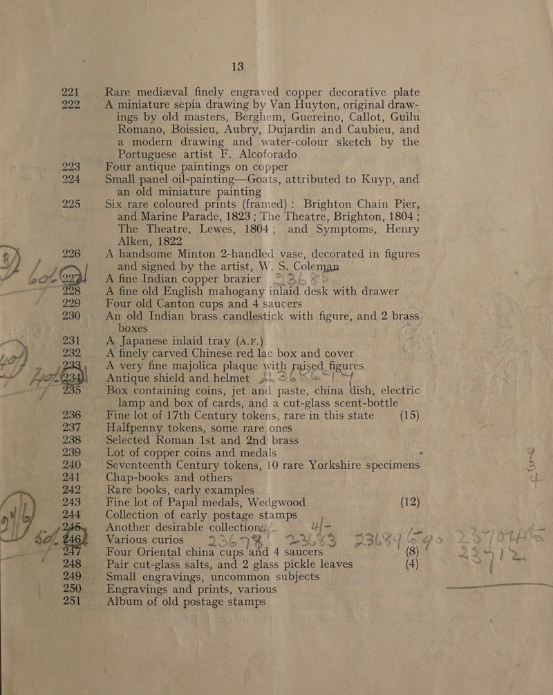    A miniature sepia drawing by Van Huyton, original draw- ings by old masters, Berghem, Guereino, Callot, Guilu Romano, Boissieu, Aubry, Dujardin and Caubieu, and a modern drawing and water-colour sketch by the Portuguese artist F. Alcoforado Four antique paintings on copper Small panel oil-painting—Goats, attributed to Kuyp, and an old miniature painting Six rare coloured prints (framed): Brighton Chain Pier, and Marine Parade, 1823 ; The Theatre, Brighton, 1804 ; The Theatre, Lewes, 1804; and Symptoms, Henry Alken, 1822 A handsome Minton 2-handled vase, decorated in figures and signed by the artist, W. 8. Coleman A fine Indian copper brazier yA! A fine old English mahogany ify Bh: with drawer | Four old Canton cups and 4 saucers An old Indian brass candlestick with figure, and 2 brass boxes A finely carved Chinese red lac box and cover A very fine majolica plaque with FUSES Se: Antique shield and helmet y+». 2 Box containing coins, jet and ae clin dish, electric lamp and box of cards, and a cut-glass scent- bottle Fine lot of 17th Century tokens, rare in this state (15) Halfpenny tokens, some rare ones Selected Roman Ist and 2nd brass Lot of copper coins and medals ° Seventeenth Century tokens, 10 rare Yorkshire specimens. Chap-books and others Rare books, early examples Fine lot of Papal medals, Wedgwood (12) Collection of early postage stamps Another desirable collectiond ub} age 8 Various curios Xf &gt; 1h as LS 3 Sk 4 Go Four Oriental nee cups ‘and 4 saucers } ' (8) Pair cut-glass salts, and 2 glass pickle leaves (4) Small engravings, uncommon subjects Engravings and prints, various Album of old postage stamps