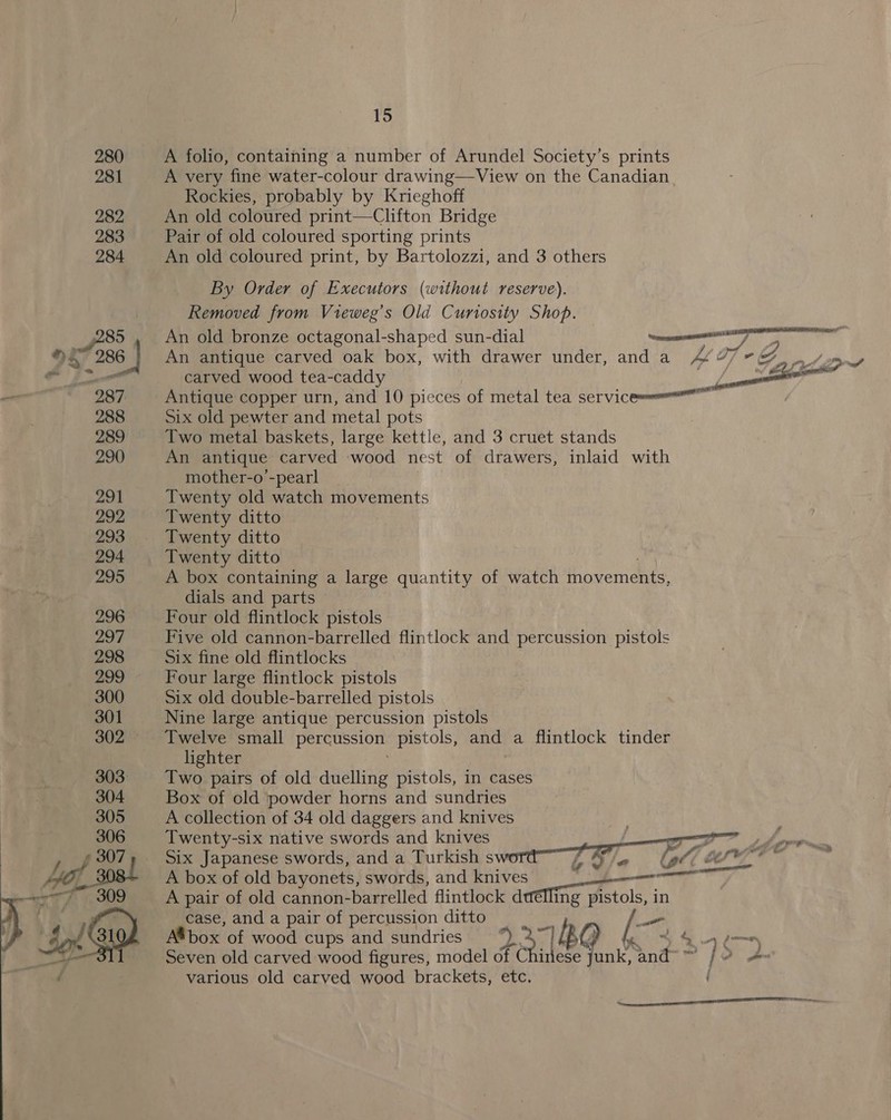 280 A folio, containing a number of Arundel Society’s prints 281 A very fine water-colour drawing—View on the Canadian. Rockies, probably by Krieghoff 282 An old coloured print—Clifton Bridge 283 Pair of old coloured sporting prints 284 An old coloured print, by Bartolozzi, and 3 others By Order of Executors (without reserve). Removed from Vieweg’s Old Curiosity Shop. _p8s An old bronze octagonal-shaped sun-dial ee haw 9s 286 | An antique carved oak box, with drawer under, and a fo o 4 A Wd ee i carved wood tea-caddy oT eee Resmi 287 Antique copper urn, and 10 pieces of metal tea service 288 Six old pewter and metal pots 289 Two metal baskets, large kettle, and 3 cruet stands 290 An antique carved wood nest a drawers, inlaid with mother-o’-pearl 291 Twenty old watch movements 292 Twenty ditto 293. Twenty ditto 294 Twenty ditto 295 A box containing a large quantity of watch thoveménts, dials and parts 296 Four old flintlock pistols 297 Five old cannon-barrelled flintlock and percussion pistols 298 Six fine old flintlocks 299 Four large flintlock pistols 300 Six old double-barrelled pistols  301 Nine large antique percussion pistols 302 Twelve small percussion. pistols, and a flintlock tinder lighter 303: Two pairs of old duelling pistols, in cases 304 Box of old powder horns and sundries 305 A collection of 34 old daggers and knives 306 Twenty-six native swords and knives e Pe, 307, Six Japanese swords, and a Turkish s (ae Kd ; 7! 308! A box of old bayonets, swords, and knives ee —w77 309 A pair of old cannon- -barrelled flintlock ee in ; case, and a pair of percussion ditto rs o &amp; pe es . A®box of wood cups and sundries Po. 140 44. ; me i Seven old carved wood figures, model of Chinese fin and ° ” i various old carved wood brackets, etc. i intern