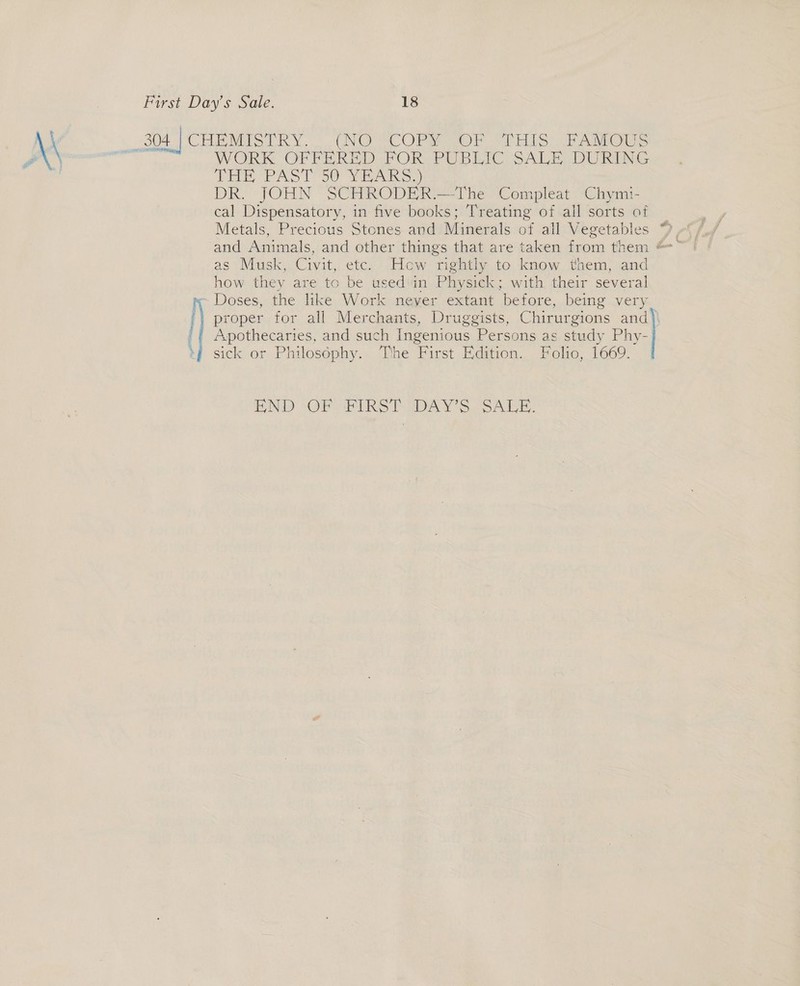 MN WORK OFFERED -FOR. PUBLIC SALE) DURING WE “PAS 150 rn ko.) DR. JOHN SCHRODER.—The Compleat Chymi- cal Dispensatory, in five books; Treating of all sorts of Metals, Precious Stones and Minerals of ail Vegetables * as Musk, Civit, etc. Hew rightly to know them, and how they are to be used'in Physick; with their several ~ Doses, the like Work neyer extant before, being very proper for all Merchants, Druggists, Chirurgions and )}\ Apothecaries, and such Ingenious Persons ag study Phy- sick or Philoséphy. The First Edition. Folio, 1669.  PND OP IRS FepaAY oS Abe: