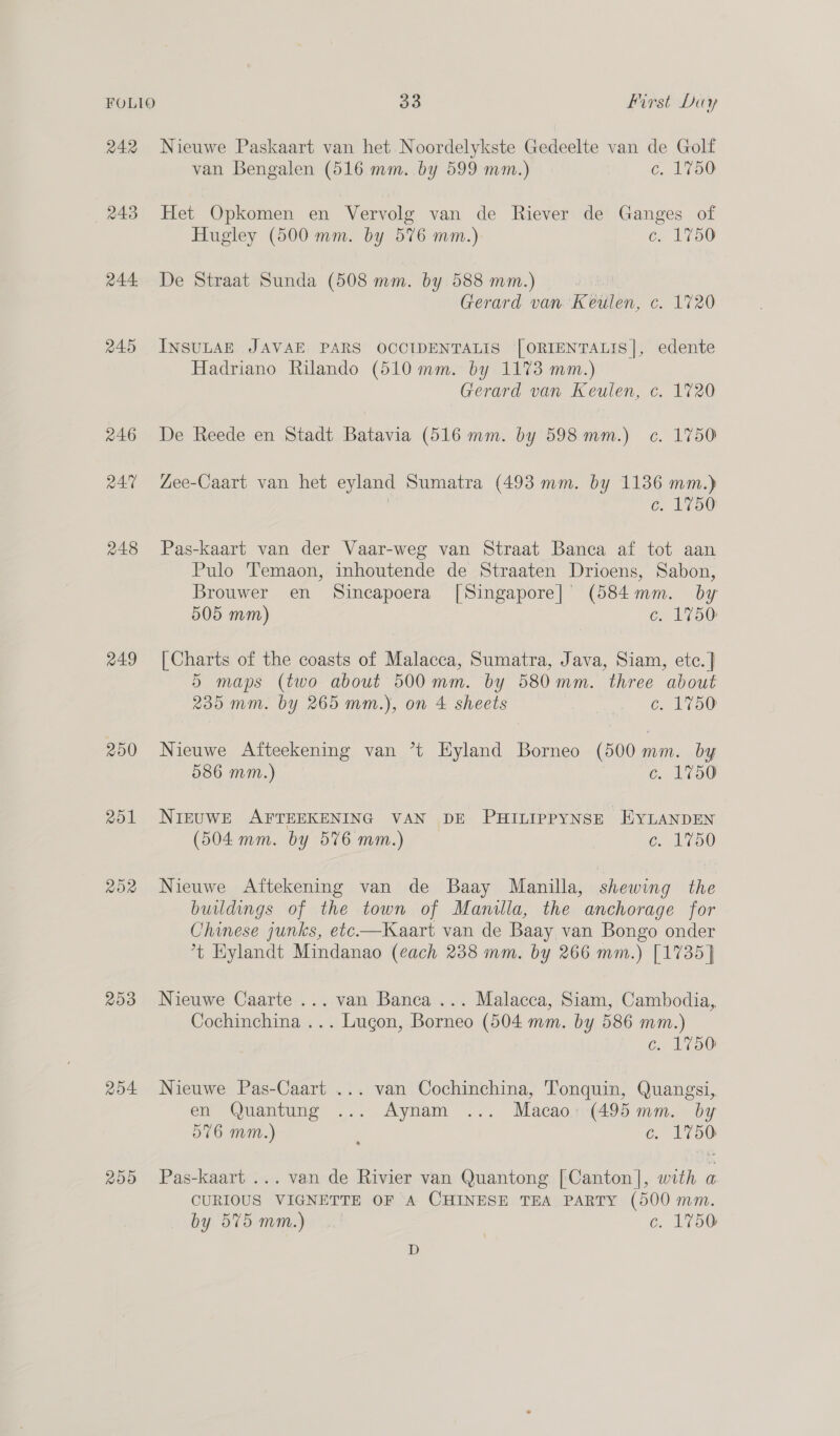 FOLIO 242 243 244 245 246 RAT 248 249 250 201 202 2503 Ro4 209 o3 First Day Nieuwe Paskaart van het Noordelykste Gedeelte van de Golf van Bengalen (516 mm. by 599 mm.) 6, LV b0 Het Opkomen en Vervolg van de Riever de Ganges of Hugley (500 mm. by 576 mm.) c. 1750 De Straat Sunda (508 mm. ,. by 588 mm.) Gerard van Keulen, c. 1720 INSULAE JAVAE. PARS OCCIDENTALIS [ORIENTALIS|, edente Hadriano Rilando (510 mm. by 1173 mm.) Gerard van Keulen, c. 1720 De Reede en Stadt Batavia (516 mm. by 598mm.) c. 1750 Zee-Caart van het eyland Sumatra (493 mm. by 1136 mm.) c. 1750 Pas-kaart van der Vaar-weg van Straat Banca af tot aan Pulo 'Temaon, inhoutende de Straaten Drioens, Sabon, Brouwer en Sincapoera [Singapore] (584mm. by 505 mm) €; 1750: | Charts of the coasts of Malacca, Sumatra, Java, Siam, etc. | 5 maps (two about 500mm. by 580mm. three about 235 mm. by 265 mm.), on 4 sheets = Chol Toe Nieuwe Afteekening van *t Hyland Borneo (500 mm. by 586 mm.) c. 1750 Nizuwe AFTEEKENING VAN DE PHILIPPYNSE EYLANDEN (504 mm. by 576 mm.) 6. 1750 Nieuwe Aftekening van de Baay Manilla, shewing the buildings of the town of Manilla, the anchorage for Chinese junks, etc-—Kaart van de Baay van Bongo onder *t Hylandt Mindanao (each 238 mm. by 266 mm.) [1735] Nieuwe Caarte ... van Banca ... Malacca, Siam, Cambodia, Cochinchina ... Lugon, Borneo (504 mm. by 586 mm.) c. 1750 Nieuwe Pas-Caart ... van Cochinchina, Tonquin, Quangsi,. en Quantung ... Aynam ... Macao: (495mm. by 576 mm.) ) c. 1750 Pas-kaart ... van de Rivier van Quantong [Canton], with a CURIOUS VIGNETTE OF A CHINESE TEA PARTY (500 mm. by 575 mm.) | c. 1750 D