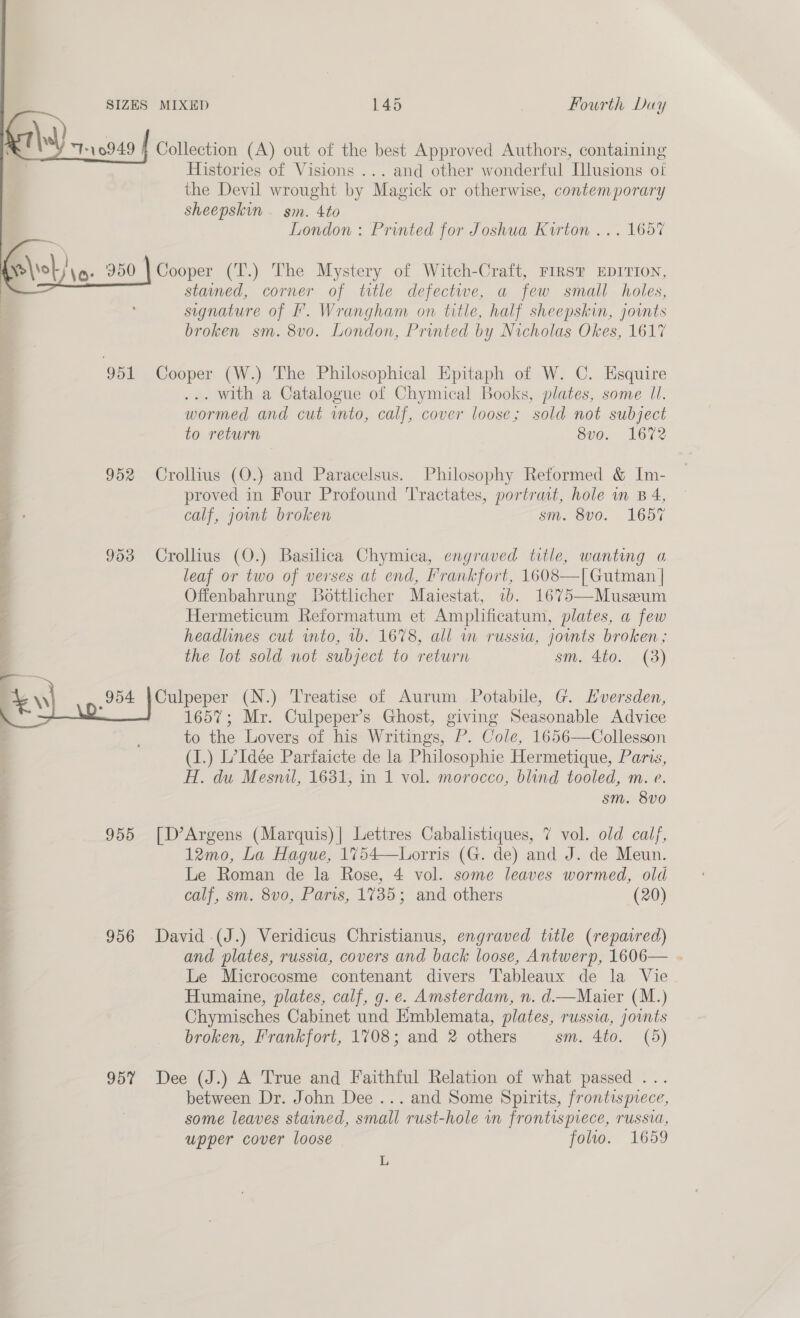    SIZES MIXED 145 Fourth Duy 7-10949 | Collection (A) out of the best Approved Authors, containing Histories of Visions ... and other wonderful Illusions oi the Devil wrought by Magick or otherwise, contemporary sheepskin . sm. 4to London : Printed for Joshua Kirton ... 1657 Cooper (T.) The Mystery of Witch-Craft, FIRST EDITION, stavned, corner of title defectwe, a few small holes, signature of F. Wrangham on title, half sheepskin, joints broken sm. 8vo. London, Printed by Nicholas Okes, 1617 951 Cooper (W.) The Philosophical Epitaph of W. C. Esquire . with a Catalogue of Chymical Books, plates, some Il. wormed and cut into, calf, cover loose; sold not subject to return 8vo. 1672 952 Crollius (O.) and Paracelsus. Philosophy Reformed &amp; Im- proved in Four Profound 'Tractates, portrait, hole vn B 4, calf, jownt broken sm. 8vo. 1657 953 Crollius (O.) Basilica Chymica, engraved title, wanting a leaf or two of verses at end, Frankfort, 1608—| Gutman | Offenbahrung Bottlicher Maiestat, a. 1675—Museum Hermeticum Reformatum et Amplificatum, plates, a few headlines cut into, 1b. 1678, all in russia, joints broken; the lot sold not subject to return sm. 4to. (3) _—— a 954 a (N.) Treatise of Aurum Potabile, G. Hversden, : 1657; Mr. Culpeper’s Ghost, giving Seasonable Advice to the Lovers of his Writings, P. Cole, 1656—Collesson (1.) L’Idée Parfaicte de la Philosophie Hermetique, Paris, H. du Mesnil, 1631, in 1 vol. morocco, blind tooled, m. e. sm. 8v0 ae Se Re - 955 [D’Argens (Marquis)| Lettres Cabalistiques, 7 vol. old calf, 12mo, La Hague, 1754—Lorris (G. de) and J. de Meun. Le Roman de la Rose, 4 vol. some leaves wormed, old calf, sm. 8vo0, Paris, 1735; and others (20) 956 David (J.) Veridicus Christianus, engraved title (repared) and plates, russia, covers and back loose, Antwerp, 1606 Le Microcosme contenant divers Tableaux de la Vie Humaine, plates, calf, g. e. Amsterdam, n. d—Maier (M.) Chymisches Cabinet und Emblemata, plates, russia, jouts broken, Frankfort, 1708; and 2 others sm. 4to. (5)  957% Dee (J.) A True and Faithful Relation of what passed ... between Dr. John Dee ... and Some Spirits, frontispiece, some leaves stained, small rust-hole in frontispiece, russia, upper cover loose folio. 1659 L