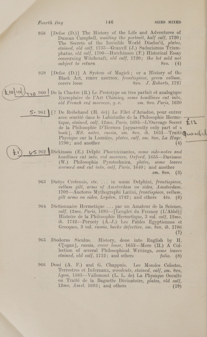 958 [Defoe (D.)] The History of the Life and Adventures of Duncan Campbell, wanting the portrait, half calf, 1720; The Secrets of the Invisible World Disclos’d, plates, stained, old calf, 1735—Granvil (J.) Saducismus Trium- phatus, old calf, 1700—Hutchinson (F.) Historical Hssay concerning Witchcraft, old calf, 1720; the lot sold not subject to return 8vo. (4) 959 [Defoe (D.)] A System of Magick; or a History of the Black Art, FIRST EDITION, frontispiece, green vellum, covers loose 8vo. J. Roberts, 1727 ( ‘to o\ > 49 960 De la Chastre (R.) Le Prototype ou tres parfait et analogique ee - Exemplaire de Art Chimicq. some headlunes cut into, old French red morocco, g. €. . sm. 8v0. Paris, 1620 =* 96H \[? De Reibehand (H. de)| Le Filet d’Ariadne, pour entrer avec seurité dans le Labirinthe de la Philosophie Herme- tique, stained, calf, 12mo, Paris, 1695—L’Ouvrage Secret fin de la Philosophie D’Hermez [apparently only part of a | book], MS. notes, russia, sm. 8vo0, 1b. 1651—TraitéQuorveh ch Physique sur la Lumiere, plates, calf, sm. 8v0, La Haye, 1790; and another . (fe \ US 962 Dickinson (E.) Delphi Phoenicizantes, some side-notes and headlines cut wnto, red morocco, Oxford, 1655—Davisson (W.) Philosophia Pyrotechnica, plates, some leaves wormed and cut wmto, calf, Paris, 1640; and another sm. 8vo. (3) IAS  963 Dictys Cretensis, etc. ... in usum Delphini, frontismece, vellum gut, arms of Amsterdam on sides, Amsterdam, 1702—Auctores Mythographi Latini, frontispiece, vellum, gilt arms on sides, Leyden, 1742; and others 4to. (6) 964 Dictionnaire Hermetique ... par un Amateur de la Science, calf, 12mo, Paris, 1695—[Lenglet du Fresnoy (L’Abbé) | Histoire de la Philosophie Hermetique, 3 vol. calf, 12mo, vb. 1742—Pernety (A.-J.) Les Fables Egyptiennes et Grecques, 3 vol. russia, backs defectwe, sm. 8vo, ib. 1786 (7) 965 Diodorus Siculus. History, done into English by H. CLogan], russia, cover loose, 1653—More (H.) A Col- lection of several Philosophical Writings, some leaves stained, old calf, 1712; and others folio. (8) 966 Doni (A. F.) and G. Chappuis. Les Mondes Celestes, Terrestres et Infernaux, woodcuts, stained, calf, sm. 8vo, Lyon, 1583—Vallemont (lL. L. de) La Physique Occulte on ‘Traité de la Baguette Divinatoire, plates, old calf, 12mo, Amst. 1693; and others (19)