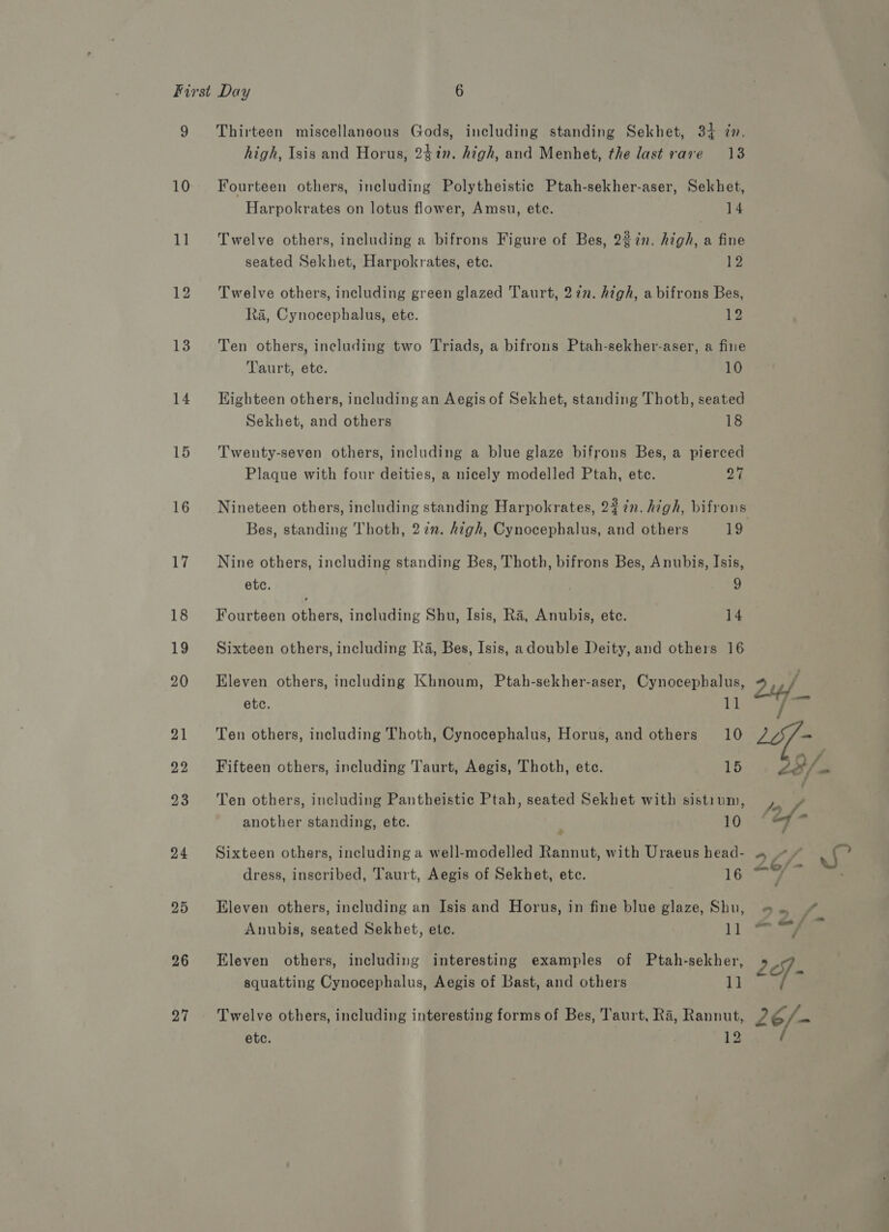 10 1] 13 14 15 16 24 25 26 27 high, Isis and Horus, 24in. high, and Menhet, the last rave 13 Fourteen others, including Polytheistic Ptah-sekher-aser, Sekhet, Harpokrates on lotus flower, Amsu, etc. 14 Twelve others, including a bifrons Figure of Bes, 227n. high, a fine seated Sekhet, Harpokrates, ete. La Twelve others, including green glazed Taurt, 272n. high, a bifrons Bes, Ra, Cynocephalus, ete. 12 Ten others, including two Triads, a bifrons Ptah-sekher-aser, a fine Taurt, ete. 10 Kighteen others, including an Aegis of Sekhet, standing Thoth, seated Sekhet, and others 18 Twenty-seven others, including a blue glaze bifrons Bes, a pierced Plaque with four deities, a nicely modelled Ptah, ete. 27 Nineteen others, including standing Harpokrates, 22 7n. high, bifrons Bes, standing Thoth, 2 in. high, Cynocephalus, and others 19 Nine others, including standing Bes, Thoth, bifrons Bes, Anubis, Isis, etc. . es, Fourteen others, including Shu, Isis, Ra, Anubis, etc. 14 Sixteen others, including Ra, Bes, Isis, adouble Deity, and others 16 Eleven others, including Khnoum, Ptah-sekher-aser, Cynocephalus, etc. 14 Ten others, including Thoth, Cynocephalus, Horus, and others 10 Fifteen others, including Taurt, Aegis, Thoth, etc. 15 Ten others, including Pantheistic Ptah, seated Sekhet with sistrum, another standing, etc. 10 Sixteen others, including a well-modelled Rannut, with Uraeus head- dress, inscribed, Taurt, Aegis of Sekhet, etc. 16 Eleven others, including an Isis and Horus, in fine blue glaze, Shu, Anubis, seated Sekhet, etc. 1] Eleven others, including interesting examples of Ptah-sekher, squatting Cynocephalus, Aegis of Bast, and others 1] Twelve others, including interesting forms of Bes, Taurt, Ra, Rannut, etc. 12