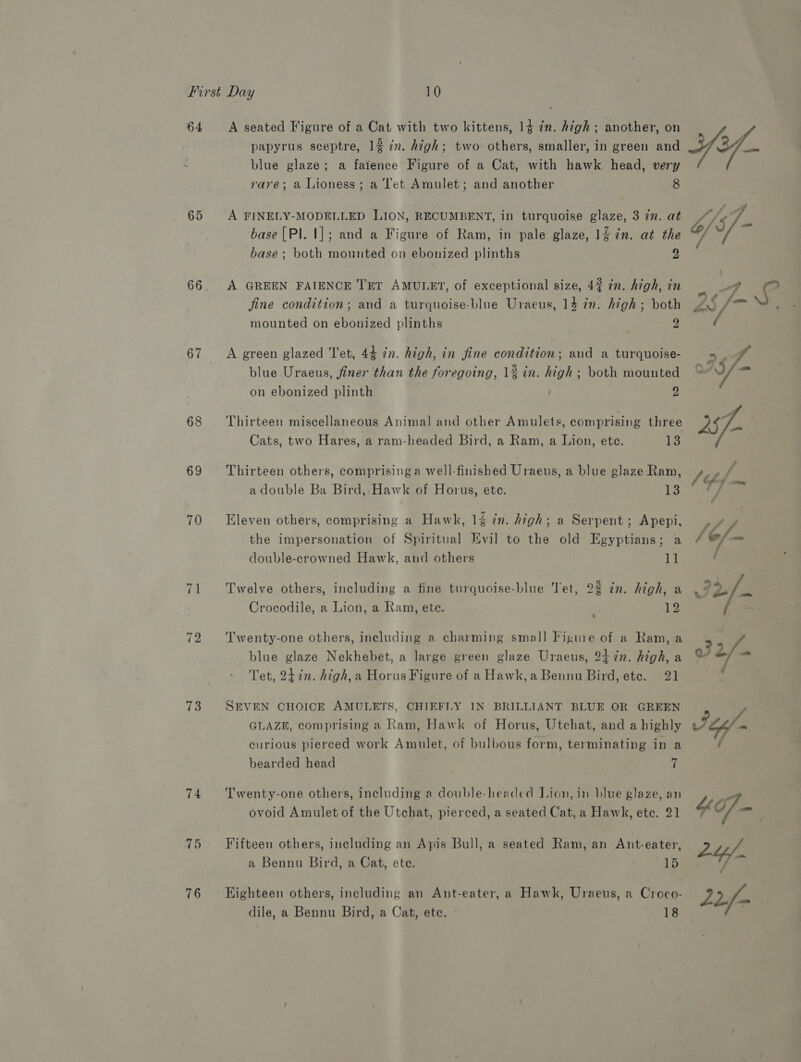 64 66 67 68 69 70 71 73 74 76 A seated Figure of a Cat with two kittens, 14 7m. high; another, on papyrus sceptre, 12 in. high; two others, smaller, in green and blue glaze; a faience Figure of a Cat, with hawk head, very rare; a Lioness; a let Amulet; and another 8 A FINELY-MODELLED LION, RECUMBENT, in turquoise glaze, 3 7m. at base [Pl. 1]; and a Figure of Ram, in pale glaze, 1£ in. at the base ; both mounted on ebonized plinths 2 A GREEN FAIENCE TET AMULET, of exceptional size, 42 in. high, in jine condition; and a turquoise-blue Uraeus, 14 in. high; both mounted on ebonized plinths | 2 A green glazed Tet, 44 in. high, in fine condition; and a turquoise- blue Uraeus, finer than the foregoing, 1% in. high; both mounted on ebonized plinth 2 Thirteen miscellaneous Animal and other Amulets, comprising three Cats, two Hares, a ram-headed Bird, a Ram, a Lion, ete. 13 Thirteen others, comprising a well-finished Uraeus, a blue glaze Ram, a double Ba Bird, Hawk of Horus, ete. 13 Eleven others, comprising a Hawk, 1§ in. high; a Serpent; Apepi, the impersonation of Spiritual Evil to the old Egyptians; a double-crowned Hawk, and others iB Twelve others, including a fine turquoise-blue Tet, 2% zn. high, a Crocodile, a Lion, a Ram, ete. 12 Twenty-one others, including a charming sma]] Figure of a Ram, a blue glaze Nekhebet, a large green glaze Uraeus, 24 in. high, a Tet, 24in. high, a Horus Figure of a Hawk, a Bennu Bird, ete. 21 SEVEN CHOICE AMULETS, CHIEFLY IN BRILLIANT BLUE OR GREEN GLAZE, comprising a Ram, Hawk of Horus, Utchat, and a highly curious pierced work Amulet, of bulbous form, terminating in a bearded head a Twenty-one others, including a double-headed Lion, in blue glaze, an ovoid Amulet of the Utchat, pierced, a seated Cat, a Hawk, ete. 21 Fifteen others, including an Apis Bull, a seated Ram, an Ant-eater, a Bennu Bird, a Cat, ete. 15 Eighteen others, including an Ant-eater, a Hawk, Uraeus, a Croco- dile, a Bennu Bird, a Cat, etc. 18 L2f-