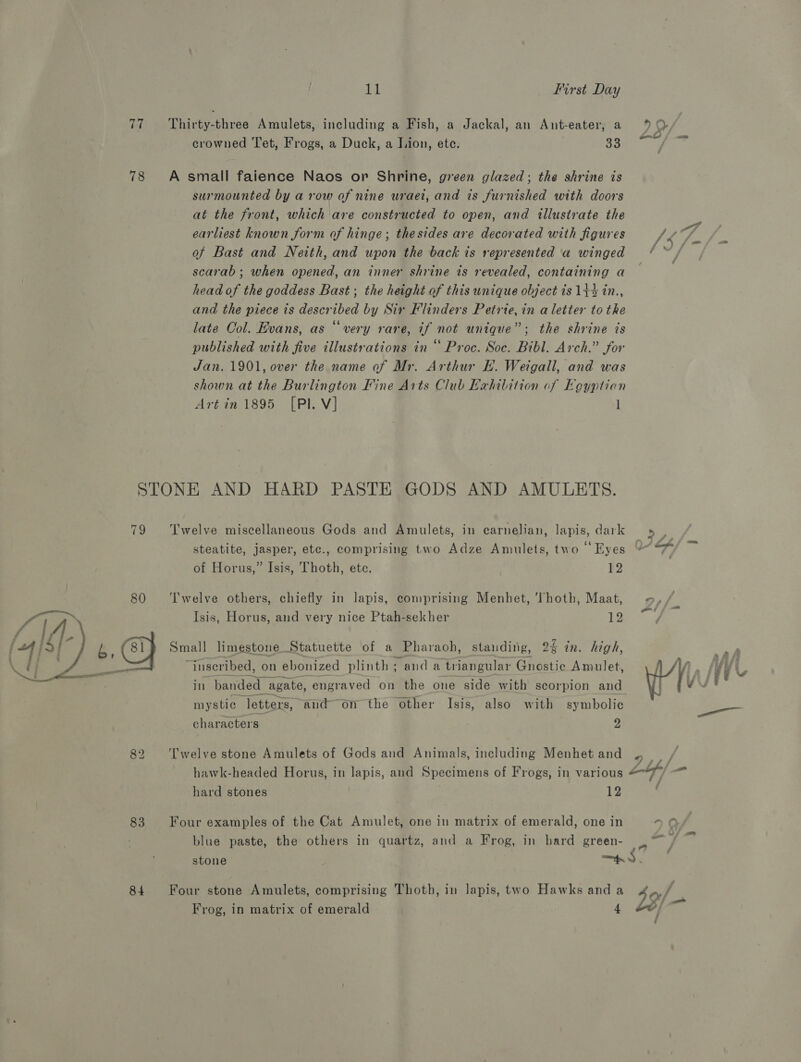 77 ~=Thirty-three Amulets, including a Fish, a Jackal, an Ant-eater, a 9 © crowned Tet, Frogs, a Duck, a J.ion, ete. 33 ese 78 A small faience Naos or Shrine, green glazed; the shrine is surmounted by a row of nine uraet, and is furnished with doors at the front, which are constructed to open, and illustrate the earliest known form of hinge; thesides are decorated with figures Sf of Bast and Neith, and upon the back is represented a winged ‘i scarab; when opened, an inner shrine is revealed, containing a — head of the goddess Bast ; the height of this unique object ts 1+% in., and the piece is described by Sir Flinders Petrie, in a letter tothe late Col. Hvans, as “very rare, if not unique”; the shrine is published with five illustrations in “ Proc. Soc. Bibl. Arch.” for Jan. 1901, over the name of Mr. Arthur EH. Weigall, and was shown at the Burlington Fine Arts Club Eahibition of Egyptian Artin 1895 [Pl. V] 1 STONE AND HARD PASTE GODS AND AMULETS. 79 Twelve miscellaneous Gods and Amulets, in carnelian, lapis, dark » , steatite, jasper, ete., comprising two Adze Amulets, two “Eyes © ler Sab of Horus,” Isis, Thoth, ete. 12 Twelve others, chiefly in lapis, comprising Menhet, ‘Thoth, Maat, «, Isis, Horus, and very nice Ptah-sekher hen Small limestone Statuette of a Pharaoh, standing, 9% in. high, , “inscribed, on ebonized plinth; anda triangular Gnostic Amulet, if Ae V  in banded _ agate, engraved on the one side with scorpion and mystic letters, aud on the other Isis, also with symbolic characters 2 82 Twelve stone Amulets of Gods and Animals, including Menhet and Ky hawk-headed Horus, in lapis, and Specimens of Frogs, in various @“/ hard stones 1g 83 Four examples of the Cat Amulet, one in matrix of emerald, one in one’ blue paste, the others in quartz, and a Frog, in hard green- a. stone ene L3/- ; q 84 Four stone Amulets, comprising Thoth, in lapis, two Hawks and a Frog, in matrix of emerald 4