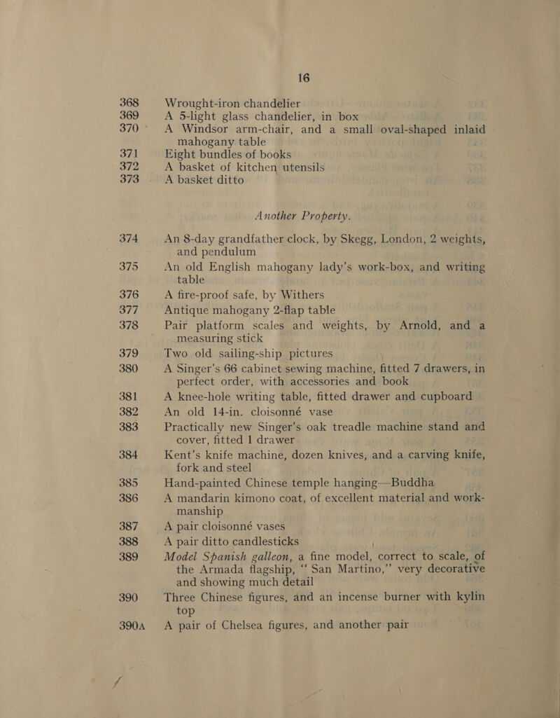 Wrought-iron chandelier A 5-light glass chandelier, in box A Windsor arm-chair, and a small oval- -shaped inlaid mahogany table Eight bundles of books A basket of kitchen utensils A basket ditto Another Property. An 8-day grandfather clock, by Skegg, London, 2 weights, and pendulum An old English mahogany lady’s work-box, and writing table A fire-proof safe, by Withers Antique mahogany 2-flap table Pair platform scales and weights, by Arnold, and a measuring stick Two old sailing-ship pictures A Singer’s 66 cabinet sewing machine, fitted 7 drawers, in perfect order, with accessories and book A knee-hole writing table, fitted drawer and cupboard An old 14-in. cloisonné vase Practically new Singer’s oak treadle machine stand and cover, fitted 1 drawer Kent’s knife machine, dozen knives, abl a carving knife, fork and steel Hand-painted Chinese temple hanging—Buddha A mandarin kimono coat, of excellent material and work- manship A pair cloisonné vases Model Spanish galleon, a fine Fy. lp correct to scale, of the Armada flagship, ‘ ‘ San Martino, Y VELY decorative and showing much detail Three Chinese figures, and an incense burner with kylin top A pair of Chelsea figures, and another pair