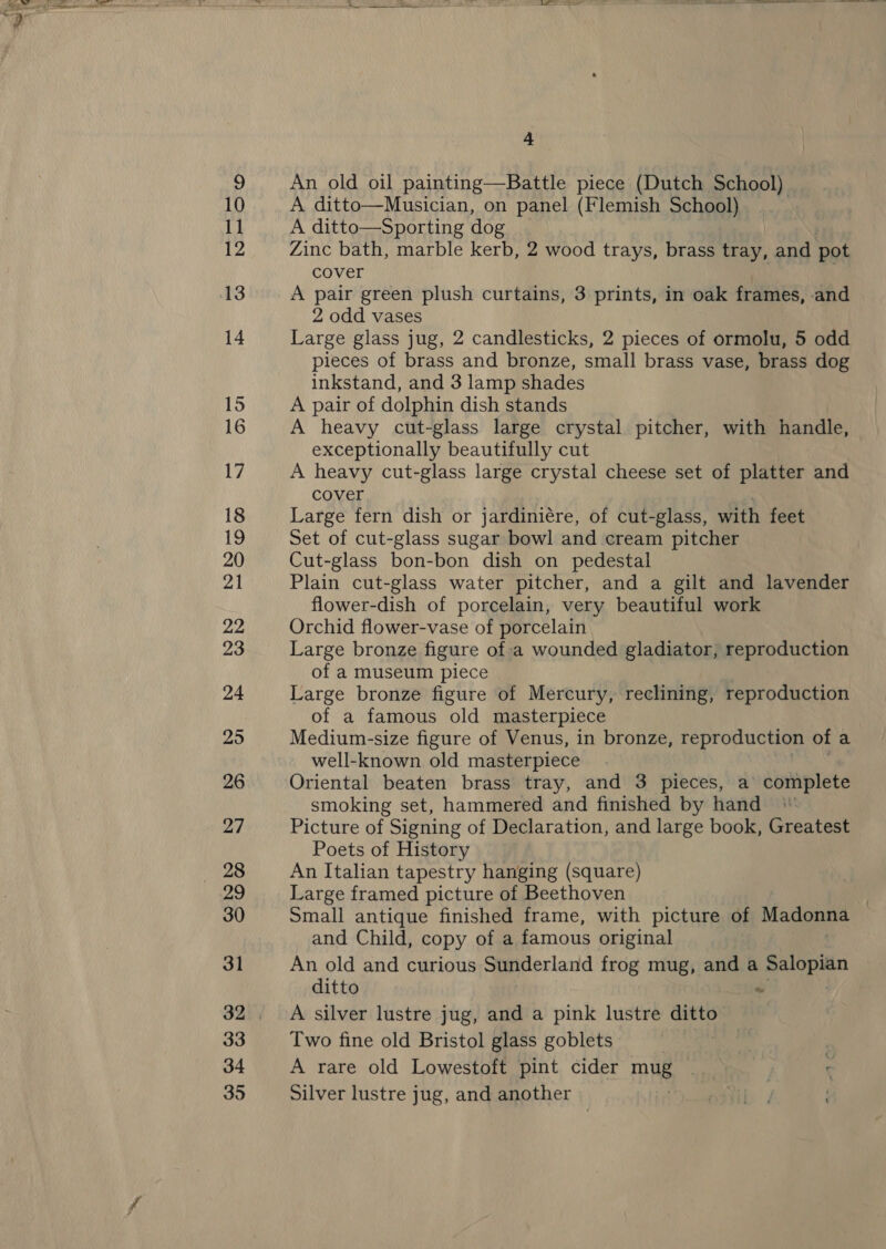 z x ang hae saat 4 An old oil painting—Battle piece (Dutch School) _ A ditto—Musician, on panel (Flemish School) A ditto—Sporting dog Zinc bath, marble kerb, 2 wood trays, brass tray, and pot cover A pair green plush curtains, 3 prints, in oak frames, and 2 odd vases Large glass jug, 2 candlesticks, 2 pieces of ormolu, 5 odd pieces of brass and bronze, small brass vase, brass dog inkstand, and 3 lamp shades A pair of dolphin dish stands A heavy cut-glass large crystal pitcher, with handle, exceptionally beautifully cut A heavy cut-glass large crystal cheese set of platter and cover Large fern dish or jardiniére, of cut-glass, with feet Set of cut-glass sugar bowl and cream pitcher Cut-glass bon-bon dish on pedestal Plain cut-glass water pitcher, and a gilt and lavender flower-dish of porcelain, very beautiful work Orchid flower-vase of porcelain Large bronze figure of a wounded gladiator, reproduction of a museum piece Large bronze figure of Mercury, reclining, reproduction of a famous old masterpiece Medium-size figure of Venus, in bronze, reproduction of a well-known old masterpiece Oriental beaten brass tray, and 3 pieces, a’ complete smoking set, hammered and finished by hand ‘ Picture of Signing of Declaration, and large book, Greatest Poets of History An Italian tapestry hanging (square) Large framed picture of Beethoven | Small antique finished frame, with picture of Madonna and Child, copy of a famous original An old and curious Sunderland frog mug, and a os ea ditto “ A silver lustre jug, and a pink lustre ditto Two fine old Bristol glass goblets A rare old Lowestoft pint cider mug Silver lustre jug, and another