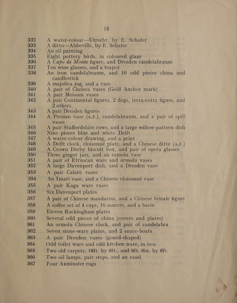 332 333 334 335 336 337 338 339 340 341 342 343 344 345 346 347 348 349 350 351 352 353 354 355 356 357 358 359 360 361 362 363 364 365 366 367 1S A water-colour—Utrecht, by E. Schafer A ditto—Abbeville, by E. Schafer An oil painting Eight pottery birds, in coloured glaze A Capo de Monte figure, and Dresden candelabraum Ten wine glasses, and a teapot An iron candelabraum, and 10 odd pieces china and candlestick A majolica jug, and a vase A pair of Chelsea vases (Gold Anchor mark) A pair Meissen vases A pair Continental figures, 2 dogs, terra-cotta figure, and 2 others A pair Dresden figures A Persian vase (A.F.), candelabraum, and a pair of spill vases A pair Staffordshire cows, and a large willow-pattern dish Nine pieces blue and white Delft A water-colour drawing, and a print A Delft clock, cloisonné plate, and a Chinese ditto (A.F.) A Crown Derby biscuit box, and pair of opera glasses Three ginger jars, and an ormolu vase A pair of Etruscan ware and ormolu vases A large Davenport dish, and a Dresden vase A pair Calsiti vases An Imari vase, and a Chinese cloisonné vase A pair Kaga ware vases Six Davenport plates A pair of Chinese mandarins, and a Chinese female figure A coffee set of 4 cups, 10 saucers, and a basin Eleven Rockingham plates Several odd pieces of china (covers and plates) An ormolu Chinese clock, and pair of candelabra Seven stone-ware plates, and 2 sauce-boats A pair Dresden vases (gourd-shaped) Odd toilet ware and odd kitchen ware, in box Two old carpets, 18ft. by 6ft., and 9ft. Gin. by 6ft. Two oil lamps, pair steps, and an easel Four Axminster rugs