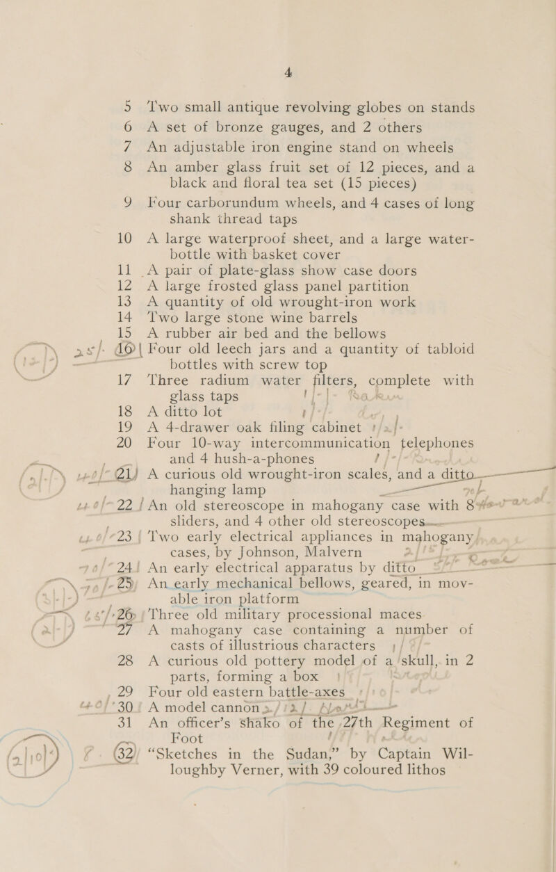 its {Pr a Com ON ox 10 it 12 13 14 1 Two small antique revolving globes on stands A set of bronze gauges, and 2 others An adjustable iron engine stand on wheels An amber glass fruit set of 12 pieces, and a black and floral tea set (15 pieces) Four carborundum wheels, and 4 cases of long shank thread taps A large waterproof sheet, and a large water- bottle with basket cover _A pair of plate-glass show case doors A large frosted glass panel partition A quantity of old wrought-iron work Two large stone wine barrels A rubber air bed and the bellows 17 18 19 20 28 bottles with screw top Three radium water pee. complete with glass taps Vi-|- Reve A ditto lot A 4-drawer oak aoe cabinet #/2} Four 10-way ote Se nication Bg and 4 hush-a-phones hanging lamp sliders, and 4 other old stereoscopes.. Two early electrical appliances in mahogany ; cases, by Johnson, Malvern An early electrical apparatus by dire An_early mechanical bellows, geared, in mov- able iron platform Three old military processional maces A mahogany case containing a number of casts of illustrious characters ,/ 7 A curious old pottery model of a eel in 2 parts, forming a box Four old eastern battle-axes A model cannon3.//2/. Aas An officer’s shako of ‘the 27th Regiment of Foot “Sketches in the Sudan, by Captain Wil- loughby Verner, with 39 coloured lithos ———