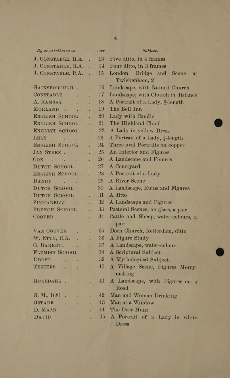 ' GAINSBOROUGH . CONSTABLE A. RAMSAY MORLAND ENGLISH SCHOOL ENGLISH SCHOOL ENGLISH SCHOOL LELY ; ENGLISH SCHOOL JAN STEEN . Oot. eee DUTCH SCHOOL . ENGLISH SCHOOL DANBY DUTCH SCHOOL DUTCH SCHOOT. AUCCARELLI FRENCH SCHOOL COOPER VAN COUVER W. Erry, RA. G. BARRETT FLEMISH SCHOOL DROST TENIERS RUYSDAEL . G. M., 1681 . OSTADE D. MAAS DAVID © Ww Ro Soe wh GO Ss Se On COURS EOC COM TOOLEL ~] *, —_~ pal Five ditto, in 4 frames Four ditto, in 3 frames London Bridge and Scene at Twickenham, 2 Landscape, with Ruined Church Landscape, with Church in distance A Portrait of a Lady, 3-length The Bell Inn Lady with Candle The Highland Chief A Lady in yellow Dress A Portrait of a Lady, 4-length Three oval Portraits on copper An Interior and Figures A Landscape and Figures A Courtyard A Portrait of a Lady A River Scene A Landscape, Ruins and Figures A ditto A Landscape and Figures Pastoral Scenes, on glass, a pair Cattle and Sheep, water-colours, a pair Dorn Church, Rotterdam, ditto A Figure Study A Landscape, water-colour A Scriptural Subject A Mythological Subject A Village Scene, Figures Merry- making A Landscape, with Figures on a Road Man and Woman Drinking Man at a Window The Deer Hunt A Portrait of a Lady in white Dress  