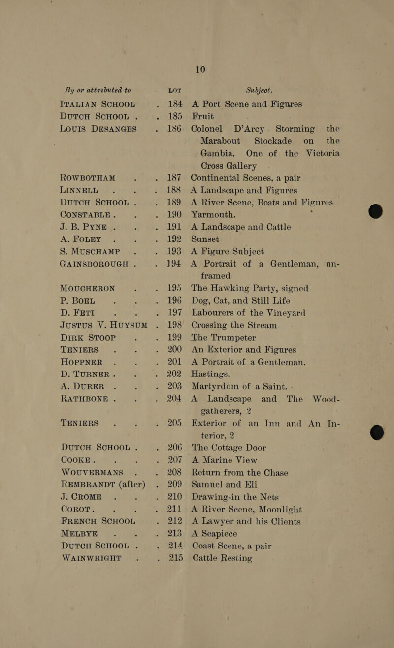 ITALIAN SCHOOL DuTCH SCHOOL . LOUIS DESANGES ROWBOTHAM LINNELL DUTCH SCHOOL . CONSTABLE . J.B. PYNES. A. FOLEY S. MUSCHAMP GAINSBOROUGH . MOUCHERON P. BOEL D. FETI ; JUSTUS V. HUYSUM DIRK STOOP TENIERS HOPPNER D. TURNER. A. DURER RATHBONE . TENIERS DUTCH SCHOOL . COOKE. WOUVERMANS REMBRANDT (after) J. CROME COROT. : FRENCH SCHOOL MELBYE DUTCH SCHOOL . WAINWRIGHT 10 A Port Scene and Figures Fruit Colonel D’Arcy. Storming the Marabout Stockade on _ the Gambia. One of the Victoria Cross Gallery Continental Scenes, a pair A Landscape and Figures A River Scene, Boats and Figures Yarmouth. : A Landscape and Cattle Sunset A Figure Subject A Portrait of a Gentleman, un- framed The Hawking Party, signed Dog, Cat, and Still Life Labourers of the Vineyard Crossing the Stream The Trumpeter An Exterior and Figures A Portrait of a Gentleman. Hastings. Martyrdom of a Saint. - A Landscape and The Wood- gatherers, 2 Exterior of an Inn and An In- terior, 2 The Cottage Door A Marine View Return from the Chase Samuel and Eli Drawing-in the Nets A River Scene, Moonlight A Lawyer and his Clients A Seapiece Coast Scene, a pair Cattle Resting  