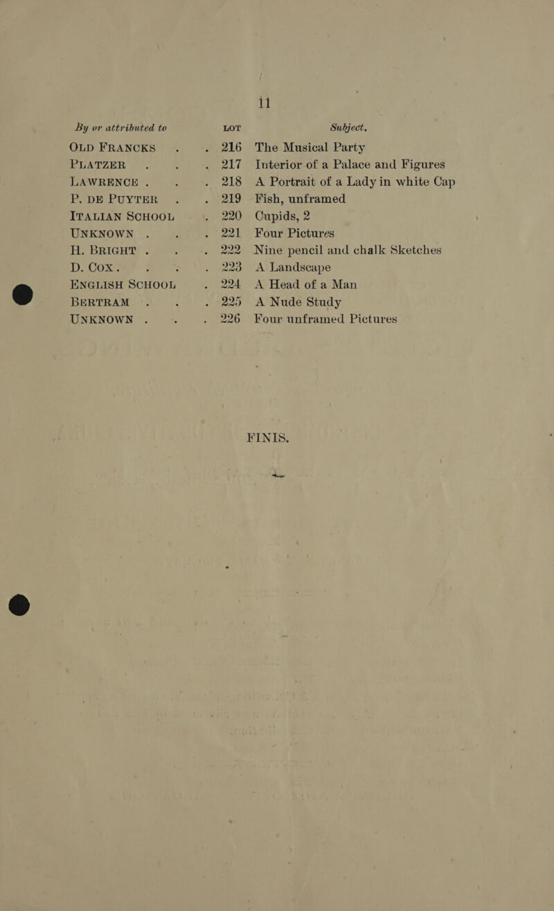OLD FRANCKS PLATZER LAWRENCE . P. DE PUYTER ITALIAN SCHOOL UNKNOWN H. BRIGHT . DCO: BERTRAM UNKNOWN mt The Musical Party Interior of a Palace and Figures A Portrait of a Lady in white Cap Fish, unframed Cupids, 2 Four Pictures Nine pencil and chalk Sketches A Landscape A Head of a Man A Nude Study Four unframed Pictures