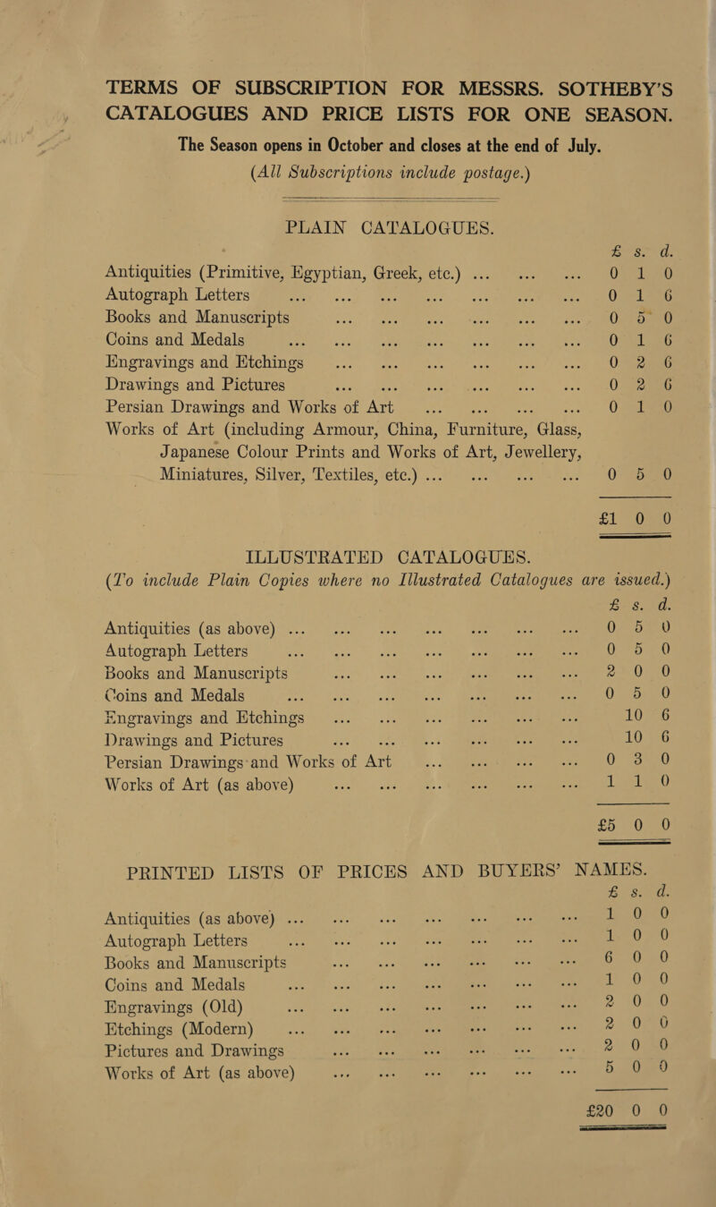 The Season opens in October and closes at the end of July. (All Subscriptions include postage.)   PLAIN CATALOGUES. B Ss. Antiquities (Primitive, Egyptian, Greek, etc.) ... izes! Autograph Letters See. Sa Ome Books and Manuscripts Or or Coins and Medals taht Engravings and Htchings Oe Drawings and Pictures 0 2 Persian Drawings and Works of ee Ot Works of Art (including Armour, China, Rune seine Japanese Colour Prints and Works of Art, Jewellery, Miniatures, Silver, Textiles, etc.) ... ... ... Ps 70S ILLUSTRATED CATALOGUES. DAaAOaAaooaAaC es Bars. Antiquities (as: above)... 42. -f%.0 Qs. “Se ee! Autograph Letters : Dera Books and Manuscripts pad) Coins and Medals ee: Oe Rnpravings and Htchinpe 2.0... a: &lt;*&gt; ee ees 10 Drawings and Pictures ae Ae. 10 Persian Drawings*and Works of Art’ 7...) @egegee oes Oo ee Works of Art (as above) Te ee ee TI £5 0 PRINTED LISTS OF PRICES AND BUYERS’ NAMES. BS. Antiquities (as above) ... L290 Autograph Letters 1 Books and Manuscripts 6 0 Coins and Medals i 4 Engravings (Old) 2 0 Etchings (Modern) 2 90 Pictures and Drawings x 0 Works of Art (as above) 5 0 d.