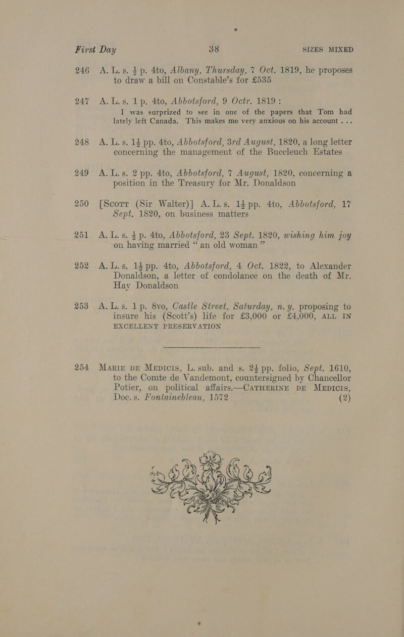 246 249 200 201 ROR 253 254 A. Ls. $p. 4to, Albany, Thursday, 7 Oct. 1819, he proposes to draw a bill on Constable’s for £535 A.L.s. 1p. 4to, Abbotsford, 9 Octr. 1819: I was surprized to see in one of the papers that Tom had lately left Canada. This makes me very anxious on his account... A. L. s. 14 pp. 4to, Abbotsford, 3rd August, 1820, a long letter concerning the management of the Buccleuch Estates A. L.s. 2 pp. 4to, Abbotsford, 7 August, 1820, concerning a position in the Treasury for Mr. Donaldson [Scorr (Sir Walter)| A.L.s. 1d pp. 4to, Abbotsford, 17 Sept. 1820, on business matters A. L.s. $p. 4to, Abbotsford, 23 Sept. 1820, wishing him joy on having married “ an old woman ” A.L.s. 14 pp. 4to, Abbotsford, 4 Oct. 1822, to Alexander Donaldson, a letter of condolance on the death of Mr. Hay Donaldson A. L.s. lp. 8vo, Castle Street, Saturday, n. y. proposing to insure his (Scott’s) life for £3,000 or £4,000, ALL IN EXCELLENT PRESERVATION Marie bE Mepicis, L. sub. and s. 24 pp. folio, Sept. 1610, to the Comte de Vandemont, countersigned by Chancellor Potier, on political affairs——CaTHERINE DE MEDIctIs, Doc. s. Fontainebleau, 1572 | (2)