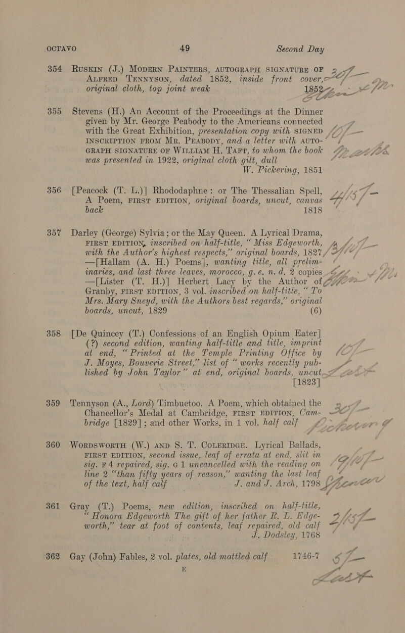 354 Ruskin (J.) Mopern PAINTERS, AUTOGRAPH SIGNATURE OF We wf me ALFRED TENNYSON, dated 1852, inside front cover,-“@ 6 original cloth, top joint weak 1852 ve tl hh oO ’ 355 Stevens (H.) An Account of the Proceedings at the Dinner given by Mr. George Peabody to the Americans connected with the Great Exhibition, presentation copy with SIGNED INSCRIPTION FROM Mr. PEaBopy, and a letter with aAuTO-* ~/ GRAPH SIGNATURE OF WILLIAM H. Tart, to whom the book was presented in 1922, original cloth gilt, dull W. Pickering, 1851 356 [Peacock (T. L.)| Rhododaphne: or The Thessalian Spell, »)/p¢ 7 = A Poem, FIRST EDITION, original boards, uncut, canvas “77 ~ back Leis. 357 Darley (George) Sylvia; or the May Queen. A Lyrical Drama, . FIRST EDITION, inscribed on half-title, “ Miss Edgeworth, [by My with the Author's highest respects,” original boards, 1827 / —[Hallam (A. H.) Poems], wanting title, all prelim- . inaries, and last three leaves, morocco, g.e. n.d. 2 copies -GY/ + LS —[Lister (T. H.)] Herbert Lacy by the Author of yf abel Granby, FIRST EDITION, 3 vol. inscribed on half-title, “ Tok Mrs. Mary Sneyd, with the Authors best regards,” original boards, uncut, 1829 (6) 358 [De Quincey (T.) Confessions of an English Opium Eater | (?) second edition, wanting half-title and title, vmprint at end, “Printed at the Temple Printing Office by J. Moyes, Bouverie Street,” list of “ works recently a lished by John islands ” at end, original boards, uncut.. F1822 359 Tennyson (A., Lord) Timbuctoo. A Poem, which obtained the « .,. Chancellor’s Medal at Cambridge, FIRST EDITION, Cam- ~* bridge [1829]; and other Works, in 1 vol. half calf 360 WorpswortH (W.) anp S. T. Cotsrtper. Lyrical Ballads, FIRST EDITION, second issue, leaf of errata at end, slit m ; 9 sig. F 4 repavr ed, sig. G1 uncancelled with the reading on / line 2 “than fifty years. (te reason,” wanting the last leaf oe ee of the text, half calf J. and J. Arch, 1798 pA cere © i 361 Gray (T.) Poems, new edition, inscribed on half-tatle, ate “ Honora Edgeworth The: gift of her father R. L. Edge- fa worth,” tear at foot of contents, leaf repaired, old calf ee | : J. Dodsley, 1768 362 Gay (John) Fables, 2 vol. plates, old mattled calf 1746-7 a Pte ‘ E ‘ of es