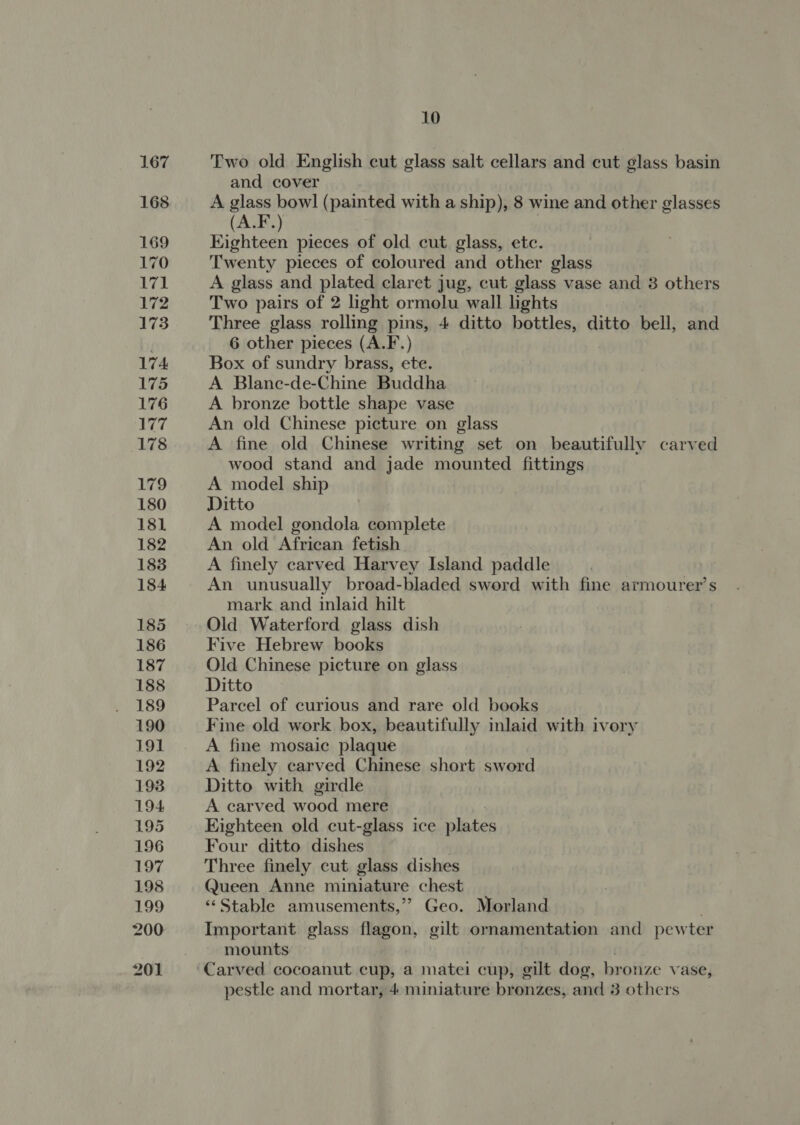 167 168 169 170 171 172 173 174: 175 176 177 178 179 180 181 182 183 184 185 186 187 188 189 190 191 192 198 194 195 196 197 198 199 200 201 10 Two old English cut glass salt cellars and cut glass basin and cover A glass bowl (painted with a ship), 8 wine and other glasses (A.F.) Eighteen pieces of old cut glass, etc. Twenty pieces of coloured and other glass A glass and plated claret jug, cut glass vase and 3 others Two pairs of 2 light ormolu wall lights Three glass rolling pins, 4 ditto bottles, ditto bell, and 6 other pieces (A.F.) Box of sundry brass, ete. A Blanc-de-Chine Buddha A bronze bottle shape vase An old Chinese picture on glass A fine old Chinese writing set on beautifully carved wood stand and jade mounted fittings A model ship Ditto | A model gondola complete An old African fetish A finely carved Harvey Island paddle An unusually broad-bladed sword with fine armourer’s mark and inlaid hilt Old Waterford glass dish Five Hebrew books Old Chinese picture on glass Ditto Parcel of curious and rare old books Fine old work box, beautifully inlaid with ivory A fine mosaic plaque A finely carved Chinese short sword Ditto with girdle A carved wood mere Eighteen old cut-glass ice plates Four ditto dishes Three finely cut glass dishes Queen Anne miniature chest ‘‘Stable amusements,’ Geo. Morland Important glass flagon, gilt ornamentation and pewter mounts pestle and mortar, 4: miniature bronzes, and 3 others
