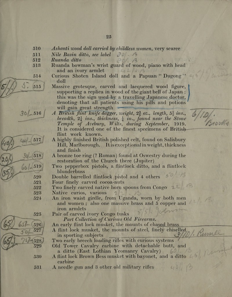 510 Ashanti wood doll carried by childless women, very scarce 511 Nile Basin ditto, see label &lt;°0/ ~ /% 512 Ruanda ditto fA 513 Ruanda bowman’s wrist guard of wood, piano with head and an ivory armlet om 514 Curious Shoten Island doll and a Papen ** Dugong ”’ i ~ oy doll by AY Ue 15 | Massive grotesque, carved and lacquered wood figure, ee supporting a replica in wood of the giant bell of Japan ; oe this was the sign used-by a travelling Japanese doctor, denoting that all “patients using his pills and povene will gain great strength, ee syeiemeudinisne BP Be Ae ik 36/516 | A British flint knife dagger, weight, 2% oz., length, 5h ins. 6//D/ ———— breadth, 24 ins., thickness, 4 in., found near the Stone ~/ 1°Y. y Temple of Avebury, Wilts, during September, 1919. LHovbed It is considered one of the finest specimens of British — flint work known. A highly finished British polished celt, found on Salisbury Hill, Marlborough. Itisexceptionalin weight, thickness and. finish A bronze toe ring (? Roman) found at Oswestry during the restoration of the Church there (Jupiter) Two pepperbox pistols, a flintlock ditto, and a flintlock blunderbuss Double barrelled flintlock pistol and 4 others Four finely carved cocoa-nuts Two finely carved native horn spoons from Congo Native curios, various 7% An iron waist girdle, from Uganda, worn by both men and women; also one massive brass and 5 copper and iron armlets ee ig Pair of carved ivory Congo tusks Part Collection of Curious Old Firearms. An early flint lock musket, the mounts of chased brass. A flint lock musket, the mounts of steel, finely ne 2, in sporting subjects Ree ee Ce Mii fs 1 Two early breech loading rifles with curious systems 4 Old Tower Cavalry carbine with detachable butt, and a ditto (Kast Lothian Yeomanry Cavalry) (of 530 A flint lock Brown Bess musket with bayonet, and a ditto carbine 531 A needle gun and 3 other old military rifles  ER enn meee ney teeta en  