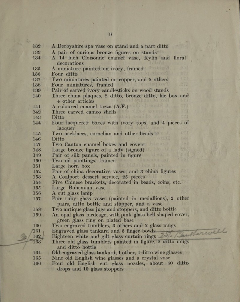 A Derbyshire spa vase on stand and a part ditto A pair of curious bronze figures on stands A 14 inch Cloisonne enamel vase, Kylin and _ floral decorations A miniature painted on ivory, framed Four ditto Two miniatures yidinted on copper, and 2 others Four miniatures, framed Pair of carved ivory candlesticks on wood stands Three china plaques, 2 ditto, bronze ditto, lac box and 4 other articles A coloured enamel tazza (A.F.) Three carved cameo shells Ditto Four lacquerett boxes with ivory tops, and 4 pieces of lacquer Two necklaces, cornelian and other beads * Ditto : Two Canton enamel boxes and covers Large bronze figure of a lady (signed) Pair of silk panels, painted in figure Two oil paintings, framed Large horn box Pair of china decorative vases, and 8 china figures A Coalport dessert service, 25 pieces Five Chinese brackets, deccrated in beads, coins, etc. Large Bohemian vase A cut glass lamp Pair ruby glass vases (painted in medallions), 2 other pairs, ditto bottle and stopper, and a vase Two antique glass jugs and stoppers, and ditto bottle An opal glass birdcage, with pink glass bell shaped cover, green glass ring on plated base Two engraved tumblers, 3 others and 2 glass mugs ot Eighteen white and gilt glass curtain rings ~~ @ /&lt;t** Three old glass tumblers painted in figtire,2 Se mugs and ditto bottle Old engraved glass tankard, 1 other; 4 ditto wine glasses Nine old English wine glasses and a crystal vase Four old English cut glass nozzles, about 40 ditto drops and 10 glass stoppers 