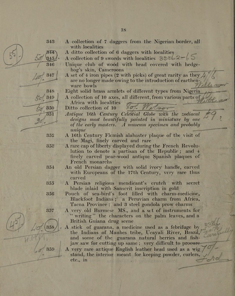 a7 859. | 18 A collection of 7 daggers from the Nigerian border, all with localities A ditto collection of 6 daggers with localities ) oh A collection of 9 swords with localities BD®G4—b O Unique club of wood with head covered with hedge- hog’s skin, Cameroons an A set of 4 iron pipes (2 with picks) of great rarity as ‘they h/, ware bowls é Eight solid brass artilets of different types from Nigeria Sa A eat of 10 axes, all different, from various eae of 4 Ub bien Sh, Africa with localities ae  Ditto coHection of 10 Yor TW Vl Vk oer — = Antique 16th Century Celestial Globe with the zodiacal a FQ designs most beautifully painted in miniature by one ~~ om of the early masters. A museum specimen and Bee Sa unique —— A 16th Century Flemish alabaster plaque of the visit of the Magi, finely carved and rare A rare cap of liberty displayed during the French Revolu- lution to denote a partisan of the Republic; and 4 finely carved pear-wood antique Spanish plaques of French monarchs An old Persian dagger with solid ivory handle, carved with Europeans of the 17th Century, very rare thus carved A Persian religious mendicant’s crutch with secret blade inlaid with Sanscrit inscription in gold Pouch of sea-bird’s foot filled with charm-medivine, Blackfoot Indians; a Peruvian charm from Africa, Tacna Province; and 3 steel gondola prow charms A very old Burmese MS., and a set of mstruments for ‘‘ writing ’’ the characters on the palm leaves, and a British Guiana drug scene atl, A stick of guarana, a medicine used as a febrifuge by _ 3 Be Te, the Indians of Mauhes tribe, Ucayali River, Brazil,” oe i ae and some of the guarana natural berries and fish- jaw saw for cutting up same; very difficult to pro a A very rare artique English leatiaaa head used as a wig 7 josie othe interior meant. for keeping powder, curlers, _¢/ &gt; el   