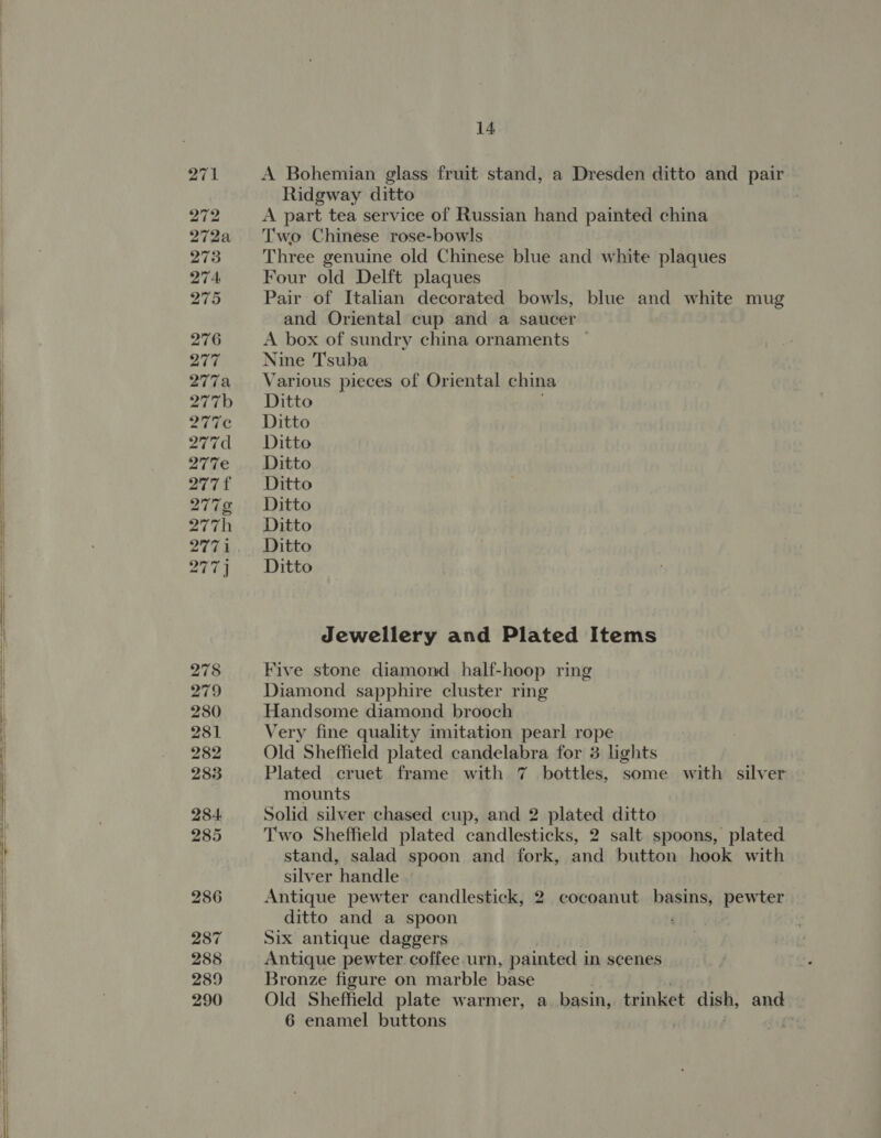     bo ~ fame J N) bo bo bo ras 14 A Bohemian glass fruit stand, a Dresden ditto and pair Ridgway ditto A part tea service of Russian hand painted china Two Chinese rose-bowls Three genuine old Chinese blue and w hite plaques Four old Delft plaques Pair of Italian decorated bowls, blue and white mug and Oriental cup and a saucer : A box of sundry china ornaments Nine Tsuba Various pieces of Oriental china Ditto Ditto Ditto Ditto Ditto Ditto Ditto Ditto Ditto Jewellery and Plated Items Five stone diamond half-hoop ring Diamond sapphire cluster ring Handsome diamond brooch Very fine quality imitation pearl rope Old Sheffield plated candelabra for 3 lights Plated cruet frame with 7 bottles, some with silver mounts Solid silver chased cup, and 2 plated ditto Two Sheffield plated candlesticks, 2 salt spoons, plated stand, salad spoon and fork, and button hook with silver handle Antique pewter candlestick, 2 cocoanut basins, pewter ditto and a spoon Six antique daggers Antique pewter. coffee urn, painted i in scenes Bronze figure on marble base Old Sheffield plate warmer, a. basin, trinket dish, and 6 enamel buttons . ri