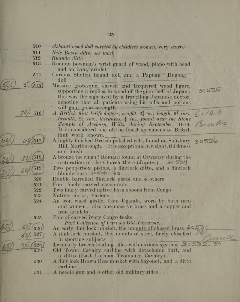 &amp; X10 Ashanti wood doll carried by childless women, very scarce 511 Nile Basin ditto, see label °. 512 Ruanda ditto . 518 Ruanda bowman’s wrist guard of wood, piano with head and an ivory armlet 514 Curious Shoten Island doll and a ee as fe UE HER J / } cn ; doll ere G/) $°6 Massive grotesque, “carved and ace iered aaa figure, oth | supporting a replica in wood of the giant bell of Japan; 2052 this was the sign used by a travelling Japanese doctor, denoting that ‘all patients using his pills and ee will gain great-strength-—&gt;——-____ ee cor ce NEDN Ai A British flint knife dagger, weight, 23 oz, length, Bk ‘Ans., GjrfOV breadth, 2 ins., thickness, } in., found near the “Stone 2 Temple of Av ebura y, Wilts, during September, 1919. f/S4ue#to It is considered one of the finest SE SHAN STS of British flint work known. nr A highly finished British polished celt, found on Salishanns 3 osab Hill, Marlborough. It is exceptional inweight, thickness and finish A bronze toe ring (? Roman) found at Oswestry during the restoration of the Church there (Jupiter) 20 52°} Two pepperbox pistols, a flintlock ditto, and a Ainblocks blunderbuss 2°328-—- BO Double barrelled flintlock pistol and 4 others Four finely carved cocoa-nuts Two finely carved native horn spoons from Congo Native curios, various An iron waist girdle, from.Uganda, worn by both men and women; also one massive brass and 5 copper and iron armlets Pair of carved ivory Congo tusks Part Collection of Curious Old Firearms. ' An early flint lock musket, the mounts of chased brass 3.9.3 = Dee Ge SUA 527; &lt;A flint lock musket, the mounts of steel, finely chiselled JO 2. Bish mel in sporting subjects ; als Ys . WO Two early breech loading rifies with curious systems a OSS a Old 'Tower Cavalry carbine with detachable butt, and a ditto (East Lothian Yeomanry Cavalry) A flint lock Brown Bess musket with bayonet, and a ditto carbine A needle gun and. other old military rifles 