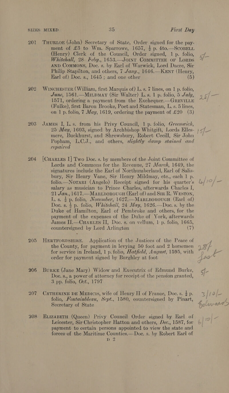 SIZES 201 202 203 204 205 206 207 208 MIXED 35 _ First Day THURLOE (John) Secretary of State, Order signed for the pay- ment of £3 to Wm. Sparrowe, 1657, kp. 4to.—SCOBELL (Henry) Clerk of the Council, Order signed, 1 p. folio, Whitehall, 28 PRY 1653,—JOINT ComMIrrEr oF Lorps AND Commons, Doe. s. by Earl of Warwick, Lord Dacre, Sir Philip Stapilton, and others. 7 Jany., 1646.—KENT (Henry, Earl of) Doce. s., 1645 ; and one other (5) WINCHESTER (William, first Marquis of) L. s. 7 lines, on 1 p. folio, June, 1561.—Mitpmay (Sir Walter) L.s. 1 p. folio, 5 July, 1571, ordering a payment from the Exchequer.—GREVILLE (Fulke), first Baron Brooke, Poet and Statesman, L. s. 5 lines, on | p. folio, 7 May, 1619, ordering the payment of £20 (3) JAMES I, L.s. from his Privy Council, 1 p. folio, Greenwich, 25 May, 1603, signed by Archbishop Whitgift, Lords Elles- mere, Buckhurst, and Shrewsbury, Robert Cecill, Sir John Popham, L.C.J., and others, slightly damp stained and repaired [CHARLES I] Two Doe. s. by members of the Joint Committee of Lords and Commons for the Revenue, 27 Adarch, 1649, the signatures include the Earl of Northumberland, Earl of Salis- bury, Sir Henry Vane, Sir Henry Mildmay, ete., each 1 p. folio.—Nortari (Angelo) Receipt signed for his quarter’s salary as musician to Prince Charles, afterwards Charles I, 21 Jan., 1617.—MAaARLBOROUGH (Earl of) and Sir R. WEsTON, L. s. 4 p. folio, November, 1627.—MARLBOROUGH (Earl of) Doe. s. $ p. folio, Whitehall, 24 May, 1626.—Doe. s. by the Duke of Hamilton; Earl of Pembroke and others, for the payment of the expenses of the Duke of York, afterwards James I].—CuHARLEs II, Doc. s. on vellum, | p. folio, 1665, countersigned by Lord Arlington (7) HERTFORDSHIRE. Application of the Justices of the Peace of the County, for payment in levying 50 foot and 2 horsemen for service in Ireland, 1 p. folio, Hatfield, August, 1595, with order for payment signed by Burghley at foot Burke (Jane Mary) Widow and Executrix of Edmund Burke, Doc. s., a power of attorney for receipt of the pension granted, 3 pp. folio, Oct., 1797 CATHERINE DE MeEpicis, wife of Henry II of France, Doe. s. $ p. folio, Kontainbleau, Sept., 1580, countersigned by Pinart, Secretary of State ELIZABETH (Queen) Privy Council Order signed by Earl of Leicester, Sir Christopher Hatton and others, Dec., 1587, for payment to certain persons appointed to view the state and forces of the Maritime Counties.—Doc. .s. by Robert Earl of Hee ; Afo v a) ie