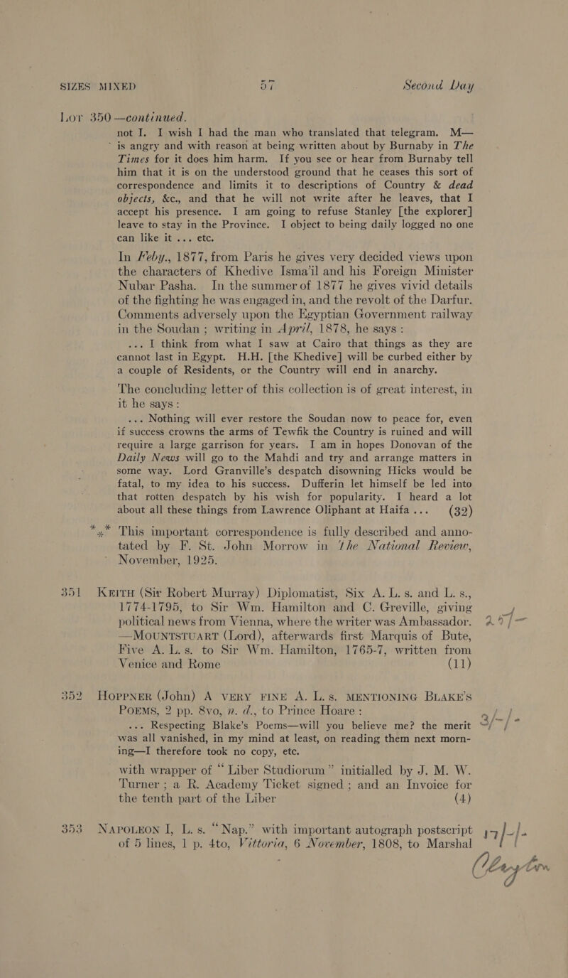 Lov 350 —continued. not I. I wish I had the man who translated that telegram. M— ’ is angry and with reason at being written about by Burnaby in The Times for it does him harm. If you see or hear from Burnaby tell him that it is on the understood ground that he ceases this sort of correspondence and limits it to descriptions of Country &amp; dead objects, &amp;c.. and that he will not write after he leaves, that I accept his presence. I am going to refuse Stanley [the explorer] leave to stay in the Province. I object to being daily logged no one can ilike} it-2... etc. In Feby., 1877, from Paris he gives very decided views upon the characters of Khedive Isma’il and his Foreign Minister Nubar Pasha. In the summer of 1877 he gives vivid details of the fighting he was engaged in, and the revolt of the Darfur. Comments adversely upon the Egyptian Government railway in the Soudan ; writing in Apri/, 1878, he says : ... I think from what I saw at Cairo that things as they are cannot last in Egypt. H.H. [the Khedive] will be curbed either by a couple of Residents, or the Country will end in anarchy. The concluding letter of this collection is of great interest, in it he says: ... Nothing will ever restore the Soudan now to peace for, even if success crowns the arms of Tewfik the Country is ruined and will require a large garrison for years. I am in hopes Donovan of the Daily News will go to the Mahdi and try and arrange matters in some way. Lord Granville’s despatch disowning Hicks would be fatal, to my idea to his success. Dufferin let himself be led into that rotten despatch by his wish for popularity. I heard a lot about all these things from Lawrence Oliphant at Haifa... (32) This important correspondence is fully described and anno- tated by F. St. John Morrow in Vhe National Review, November, 1925. B23 351 Kerry (Sir Robert Murray) Diplomatist, Six A. L.s. and L. s., 1774-1795, to Sir Wm. Hamilton and C. Greville, giving J political news from Vienna, where the writer was Ambassador. 2 ° / = —Movuntstuart (Lord), afterwards first Marquis of Bute, Five A. L. s. to Sir Wm. Hamilton, 1765-7, written from Venice and Rome (11) 352 Hoppner (John) A VERY FINE A. L.s. MENTIONING BLAKE'S POEMS, 2 pp. 8vo, 2. d., to Prince Hoare : ... Respecting Blake’s Poems—will you believe me? the merit “/ / was all vanished, in my mind at least, on reading them next morn- ing—TI therefore took no copy, etc. with wrapper of “ Liber Studiorum” initialled by J. M. W. Turner ; a R. Academy Ticket signed ; and an Invoice for the tenth part of the Liber (4) 353. NapoLron I, L.s. “Nap.” with important autograph postscript 7 |-- of 5 lines, 1 p. 4to, Vittoria, 6 November, 1808, to Marshal '