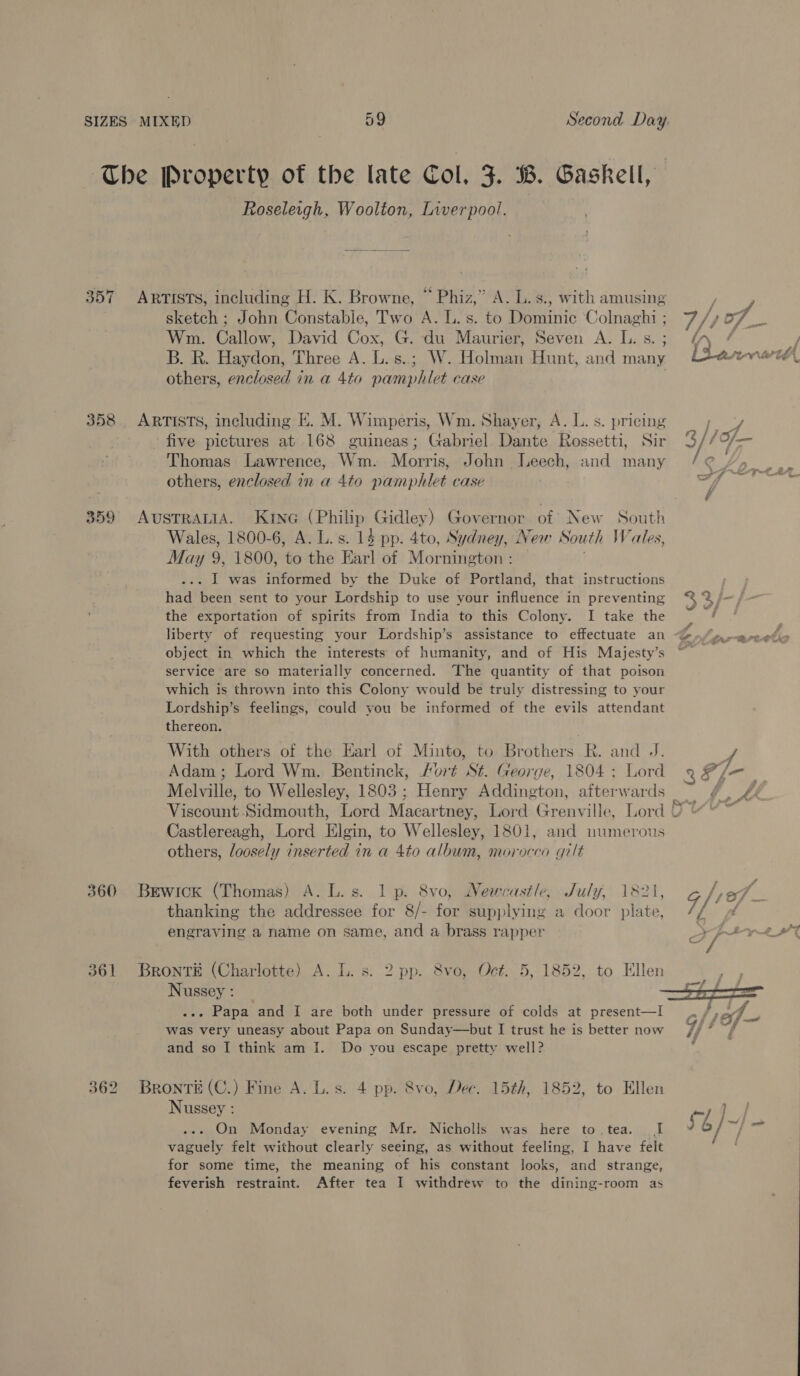 60 Roseleigh, Woolton, Liverpool. sketch ; John Constable, Two A. L. s. to Dominic ‘Colnaghi ; Wm. Callow, David Cox, G. du Maurier, Seven A. I. s. ; B. R. Haydon, Three A. L. s.; W. Holman Hunt, and many others, enclosed in a 4to pamphlet case five pictures at 168 guineas; Gabriel. Dante Rossetti, Sir Thomas Lawrence, Wm. Morris, John Leech, and many others, enclosed in a 4t0 pamphlet case Wales, 1800-6, A. L. s. 14 pp. 4to, Sydney, Neaw South Wales, May 9, 1800, to the ee of Mornington : ... I was informed by the Duke of Portland, that instructions had been sent to your Lordship to use your influence in preventing the exportation of spirits from India to this Colony. I take the object in which the interests of humanity, and of His Majesty’s service are so materially concerned. The quantity of that poison which is thrown into this Colony would be truly distressing to your Lordship’s feelings, could you be informed of the evils attendant thereon. With others of the Earl of Minto, to Brothers R. and J. Adam; Lord Wm. Bentinck, /ort St. George, 1804 ; Lord Melville, to Wellesley, 1803; Henry Addington, afterwards Viscount Sidmouth, Lord Macartney, Lord Grenville, Lord Castlereagh, Lord Elgin, to Wellesley, 1801, and numerous others, loosely inserted in a 4to album, morocco gilt thanking the addressee for 8/- for supplying a door plate, engraving a name on same, and a brass rapper rc) . 2 ... Papa and I are both under pressure of colds at present—I was very uneasy about Papa on Sunday—but I trust he is better now and so I think am [. Do you escape pretty well? Nussey : On Monday evening Mr. Nicholls was here to.tea. I vaguely felt without clearly seeing, as without feeling, I have felt for some time, the meaning of his constant looks, and strange, feverish restraint. After tea I withdrew to the dining-room as 