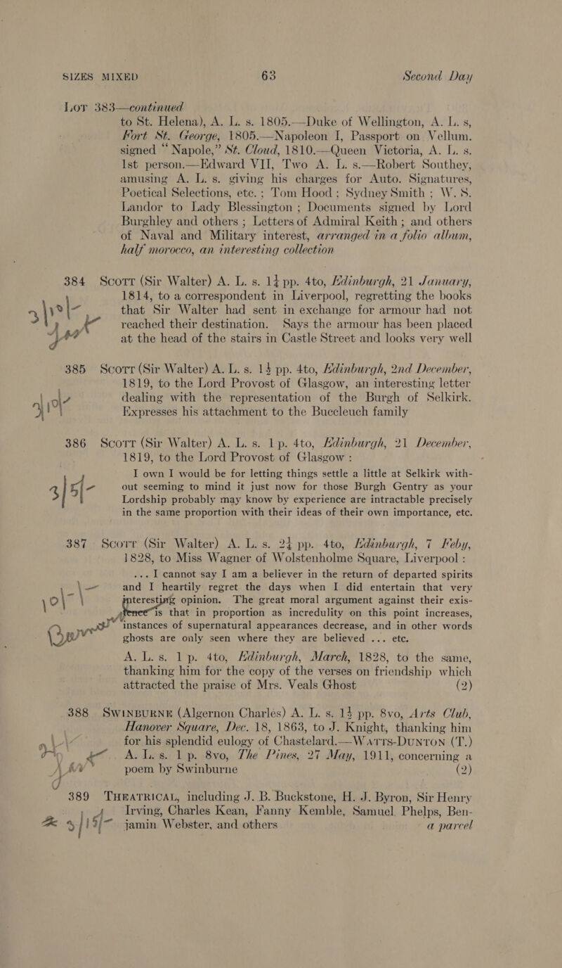 Lor 383—continued to St. Helena), A. L. s. 1805.—Duke of Wellington, A. L. s, Kort St. George, 1805.—Napoleon I, Passport on Vellum. signed “‘ Napole,” S¢. Cloud, 1810.—Queen Victoria, A. L. s. lst person.—Edward VII, Two A. L. s.—Robert Southey, amusing A. L.s. giving his charges for Auto. Signatures, Poetical Selections, etc. ; Tom Hood; Sydney Smith ; W.S. Landor to Lady Blessington ; Documents signed by Lord Burghley and others ; Letters of Admiral Keith ; and others of Naval and Military interest, arranged in a folio albwm, half morocco, an interesting collection  384 Scott (Sir Walter) A. L. s. 1d pp. 4to, Hdinburgh, 21 January, 1814, to a correspondent in Liverpool, regretting the books srk that Sir Walter had sent in exchange for armour had not ea iF ot reached their destination. Says the armour has been placed a | 44 at the head of the stairs in Castle Street and looks very well 385 Scorr (Sir Walter) A. L. s. 14 pp. 4to, Kdinburgh, 2nd December, . 1819, to the Lord Provost of Glasgow, an interesting letter | ol dealing with the representation of the Burgh of Selkirk. Expresses his attachment to the Buccleuch family 386 Scorr (Sir Walter) A. L. s. lp. 4to, HKdinburgh, 21 December, 1819, to the Lord Provost of Glasgow : I own I would be for letting things settle a little at Selkirk with- 3| 5|- out seeming to mind it just now for those Burgh Gentry as your Lordship probably may know by experience are intractable precisely in the same proportion with their ideas of their own importance, etc. 387 Scorr (Sir Walter) A. L. s. 24 pp. 4to, Mdinburgh, 7 Keby, 1828, to Miss Wagner of Wolstenholme Square, Liverpool : ... I cannot say I am a believer in the return of departed spirits — and I heartily regret the days when I did entertain that very mteresting opinion. The great moral argument against their exis- phones that in proportion as incredulity on this point increases, a yr instances of supernatural appearances decrease, and in other words \Qw ghosts are only seen where they are believed ... etc. A. L.s. lp. 4to, Adinburgh, March, 1828, to the same, thanking him for the copy of the verses on friendship which attracted the praise of Mrs. Veals Ghost (2) \o\ | 388 SwinpuRne (Algernon Charles) A. L. s. 14 pp. 8vo, Arts Club, Hanover Square, Dec. 18, 1863, to J. Knight, thanking him ney : for his splendid eulogy of Chastelard.—W atrrs-DuUNToON (T.) a7 ae A. L.s. 1 p. 8vo, The Pines, 27 May, 1911, concerning a A BY” poem by Swinburne 3 (2) d 389 THEATRICAL, including J. B. Buckstone, H. J. Byron, Sir Henry ; 4 Irving, Charles Kean, Fanny Kemble, Samuel. Phelps, Ben- a % | 15/~ jamin Webster, and others a parcel :