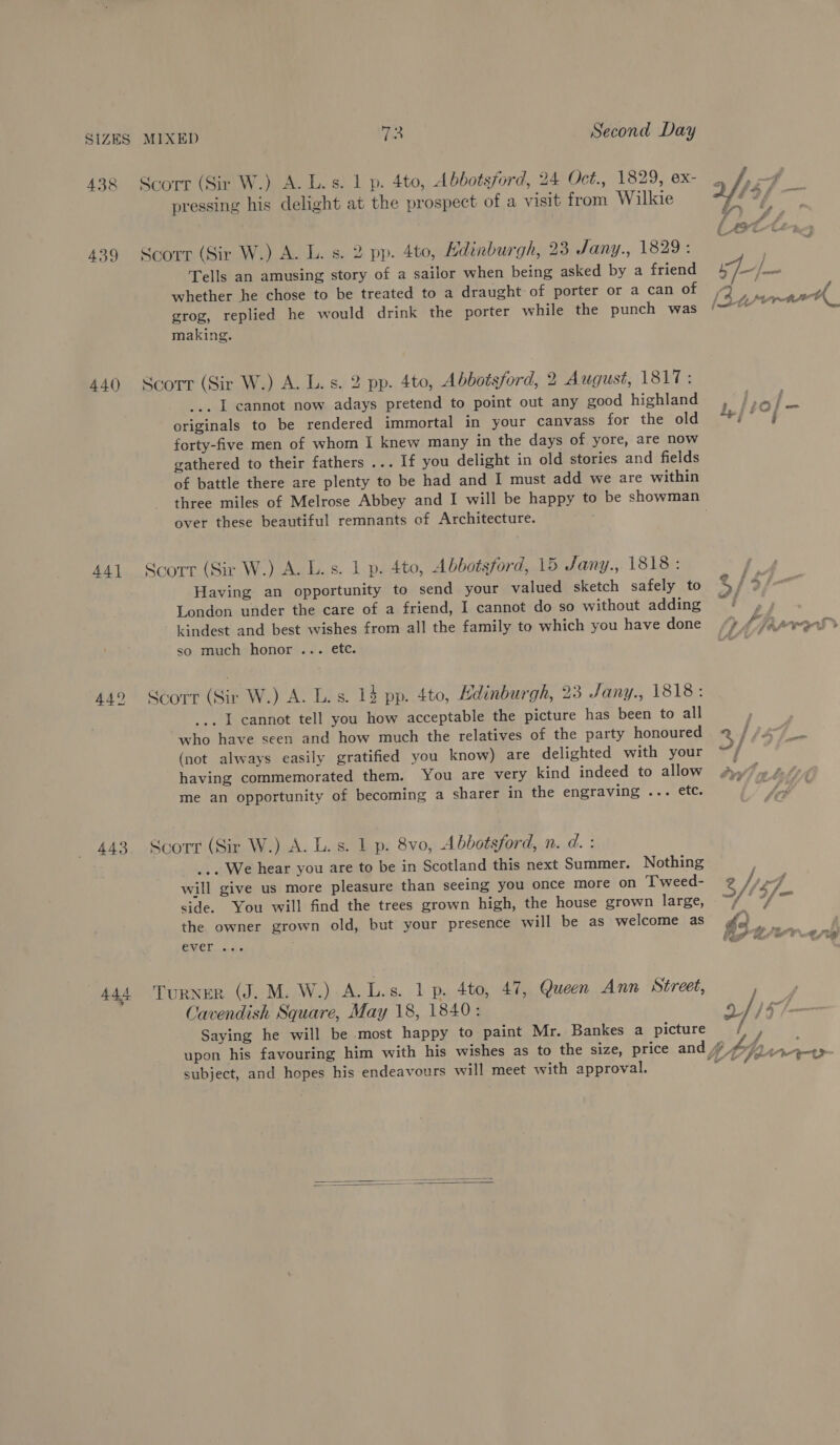 439 440) 44] 449 443 MIXED (es Second Day Scorr (Sir W.) A. L.s. 1 p. 4to, Abbotsford, 24 Oct., 1829, ex- pressing his delight at the prospect of a visit from Wilkie Scorr (Sir W.) A. L. s. 2 pp. 4to, Adinburgh, 23 Jany., 1829: Tells an amusing story of a sailor when being asked by a friend whether he chose to be treated to a draught of porter or a can of grog, replied he would drink the porter while the punch was Scorr (Sir W.) A. L. s. 2 pp. 4to, Abbotsford, 2 August, 1817: _.. I cannot now adays pretend to point out any good highland originals to be rendered immortal in your canvass for the old forty-five men of whom I knew many in the days of yore, are now gathered to their fathers ... If you delight in old stories and fields of battle there are plenty to be had and I must add we are within over these beautiful remnants of Architecture. Scorr (Sir W.) A. L.s. 1 p. 4to, Abbotsford, 15 Jany., 1818: Having an opportunity to send your valued sketch safely to London under the care of a friend, I cannot do so without adding kindest and best wishes from all the family to which you have done so much honor ... etc. Scorr (Sir W.) A. L. s. 14 pp. 4to, Hdinburgh, 23 Jany., 1818: ... I cannot tell you how acceptable the picture has been to all who have seen and how much the relatives of the party honoured (not always easily gratified you know) are delighted with your having commemorated them. You are very kind indeed to allow me an opportunity of becoming a sharer in the engraving ... etc. Scorr (Sir W.) A. L. s. 1 p. 8vo, Abbotsford, n. d. : ... We hear you are to be in Scotland this next Summer. Nothing will give us more pleasure than seeing you once more on Tweed- side. You will find the trees grown high, the house grown large, the owner grown old, but your presence will be as welcome as ever ... Cavendish Square, May 18, 1840: Saying he will be most happy to paint Mr. Bankes a picture subject, and hopes his endeavours will meet with approval.  ac | eee?