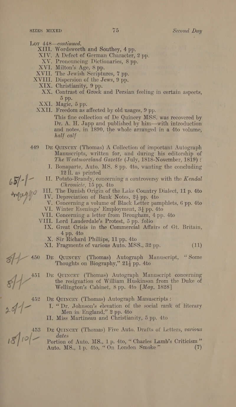 Lor 448—continued. | XIII. Wordsworth and Southey, 4 pp. XIV. A Defect of German Character, 2 pp. XV. Pronouncing Dictionaries, 8 pp. XVI. Milton’s Age, 8 pp. XVII. The Jewish Scriptures, 7 pp. XVIII. Dispersion of the Jews, 9 pp. XIX. Christianity, 9 pp. XX. Contrast of Greek and Persian feeling in certain aspects, 5 pp. Magic, 5 pp. Freedom as affected by old usages, 9 pp. This fine collection of De Quincey MSS. was recovered by Dr. A. H. Japp and published by him—with introduction and notes, in 1890, the whole arranged in a 4to volume, half calf XXI. XXIT. 449 Der Quincey (Thomas) A Collection of important Autograph Manuscripts, written for, and during his editorship of The Westmoreland Gazette (July, 1818-November, 1819) : I. Bonaparte, Auto. MS. 8 pp. 4to, wanting the concluding é 1211. as printed b 7. - is If. Potato-Brandy, concerning a controversy with the Kendal Chronicle, 15 pp. 4to Jil. The Danish Origin of the Lake Country Dialect, 11 p. 4to TV. Depreciation of Bank Notes, 24 pp. 4to V. Concerning a volume of Black Letter pamphlets, 6 pp. 4to VI. Winter Evenings’ Employment, 34 pp. 4to VIL. Concerning a letter from Brougham, 4 pp. 4to VIII. Lord Lauderdale’s Protest, 5 pp. folio IX. Great Crisis in the Commercial Affairs of Gt. Britain, 4 pp. 4to X. Sir Richard Phillips, 11 pp. 4to XI. Fragments of various Auto. MSS., 32 pp. (11) DE Quincey (Thomas) Autograph Manuscript, “ Some Thoughts on Biography,” 214 pp. 4to De Quincry (Thomas) Autograph Manuscript concerning the resignation of William Huskinson from the Duke of Wellington’s Cabinet, 8 pp. 4to [May, 1828] Dr Quincey (Thomas) Autograph Manuscripts : I. “Dr. Johnson’s elevation of the social rank of literary Men in England,” 2 pp. 4to II. Miss Martineau and Christianity, 5 pp. 4to De Quincey (Thomas) Five Auto. Drafts of Letters, various dates Portion of Auto. MS., 1 p. 4to, “ Charles Lamb’s Criticism ” Auto. MS., 1p. 4to, “On London Smoke ” (7)
