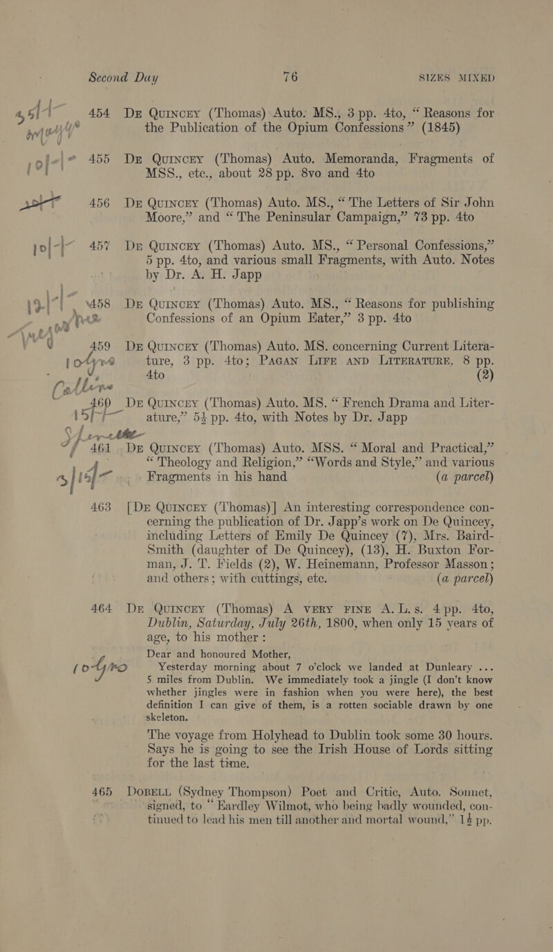  pats 4, bi 454 DE Quincey (Thomas) Auto: MS., 3 pp. 4to, “ Reasons for ay tt yf the Publication of the Opium Confessions” (1845) .of«@ @ 455 De Quincey (Thomas) Auto. Memoranda, Fragments of a Io | MSS., ete., about 28 pp. 8vo and 4to 456 Der Quincey (Thomas) Auto. MS., “The Letters of Sir John Moore,” and “ The Peninsular Campaign,” 73 pp. 4to poi-j- 457 «~DE QuiNncEY (Thomas) Auto. MS., “ Personal Confessions,” 5 pp. 4to, and various small Fragments, with Auto. Notes by ae A. H. J app ipi“1 uss De QuiNoRva Thomas) puto ARM TR én shat at Mnapnb lieben wd a Confessions of an Opium Hater,” 3 pp. 4to v'd 459 Ds Quincey (Thomas) Auto. MS. concerning Current Litera- bors ture, 3 pp. 4to; Pagan Lire AND LITERATURE, 8 pp. . v, Ato (2) fs Lhe ‘ore ’ 469 _ De Quincey (‘Thomas) Auto. MS. “ French Drama and Liter- StF Dan ature,” 54 pp. 4to, with N pres by Dr. Japp j othe If 461 De Quincey (Thomas) Auto. MSS. “ Moral and Practical,” “ Theology and Religion,” “Words and Style,” and various . Fragments in his hand (a parcel) 463 |Dr Quincey (Thomas)] An interesting correspondence con- cerning the publication of Dr. Japp’s work on De Quincey, including Letters of Emily De Quincey (7), Mrs. Baird-_ Smith (daughter of De Quincey), (13), H. Buxton For- man, J. T’. Fields (2), W. Heinemann, Professor Masson ; and others; with cuttings, ete. (a parcel) 464 De Quincey (Thomas) A veERy FINE A.L.s. 4 pp. 4to, Dublin, Saturday, July 26th, 1800, when only 15 years of age, to his mother : ‘? Dear and honoured Mother, po RO Yesterday morning about 7 o’clock we landed at Dunleary . 5 miles from Dublin. We immediately took a jingle (I don’t know whether jingles were in fashion when you were here), the best definition I can give of them, is a rotten sociable drawn by one skeleton. The voyage from Holyhead to Dublin took some 30 hours. Says he is going to see the Irish House of Lords sitting for the last time. 465 DOBELL (Sydney Thompson) Poet and Critic, Auto. Sonnet, signed, to ““ Eardley Wilmot, who being badly wounded, con- tinued to lead his men till another and mortal wound,” 14 pp.