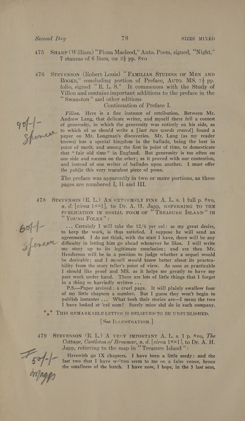 475 Swarp (William) “F iona Macleod,” Auto. Poem, signed, “Night,” 7 stanzas of 6 lines, on 24 pp. Svo. 476 Srevenson (Robert Louis) “Famit1aAr Stupins of Mrmn Aanp Books,” concluding portion of Preface, Auto. MS. 24 pp. folio, signed “R. L. 8S.” It commences with the Study of Villon and contains important additions to the preface in the “Swanston ” and other editions Continuation of Preface LI. Villon. Were is a fine instance of retribution. Between Mr. Se Andrew Lang, that delicate writer, and myself there fell a contest 4 of generosity, in which the generosity was entirely on his side, as , .. to which of us should write a [last two words erased| found a A ye paper on Mr. Longman’s discoveries. Mr. Lang (as my reader gy knows) has a special kingdom in the ballade, being the best in point of merit, and among the first in point of time, to domesticate that “fair old time” in England. But generosity is too often on one side and success on the other; as it proved with our contention, and instead of one writer of ballades upon another. I must offer the public this very truculent piece of prose. he preface was apparently in two or more portions, as these pages are numbered I, II and III. 478 Stevenson (R. L.) AN extTremeLy FINE A. L. s. 1 full p. 8vo, n. d. [circa 18X11], to Dr. A. UH. Japp, RuFERRING TO THE PUBLICATION IN S#RIAL FORM OF “ TREASURE ISLAND” IN “ VounG Foiks”: bol-i- ... Certainly I will take the 12/6 per col: as my great desire, 4 ' to keep the work, is thus satisfied. I suppose he will send an agreement. I do not think, with the start I have, there will be any i app BOK difficulty in letting him go ahead whenever he likes. I will write J if my story up to its legitimate conclusion; and ere then Mr. v Henderson will be in a position to judge whether a sequel would be desirable; and I myself would know better about its practca- bility from the story teller’s point of view. As soon as practicable IT should like proof and MS. as it helps me greatly to have my past work under hand. There are lots of little things that I forget in a thing so hurriedly written ... P.S.—Paper arrived: a cruel page. It will plainly swallow four of my little chapters a number. But I guess they won’t begin to publish instanter ... What bosh their stories are—I mean the two I have looked at ’cré nom! Surely mine shd do in such company. *,* THIS REMARKABLE LETTER IS BELIEVED TO BE UNPUBLISHED. [See [.UsTRATION. | 479 Stevenson (R. L.) A very mmportTant A. L. s. 1 p. 8vo, The Cottage, Castleton of Braemar, n. d. {circa 1881], to Dr. A. H. Japp, referring to the map in “ Treasure Island ”: ae - | Herewith go IX chapters. I have been a little seedy: and the last two that I have written seem to me on a false venue, hence the smallness of the batch. I have now, I hope, in the 3 last sent, OMY / P. 4 i