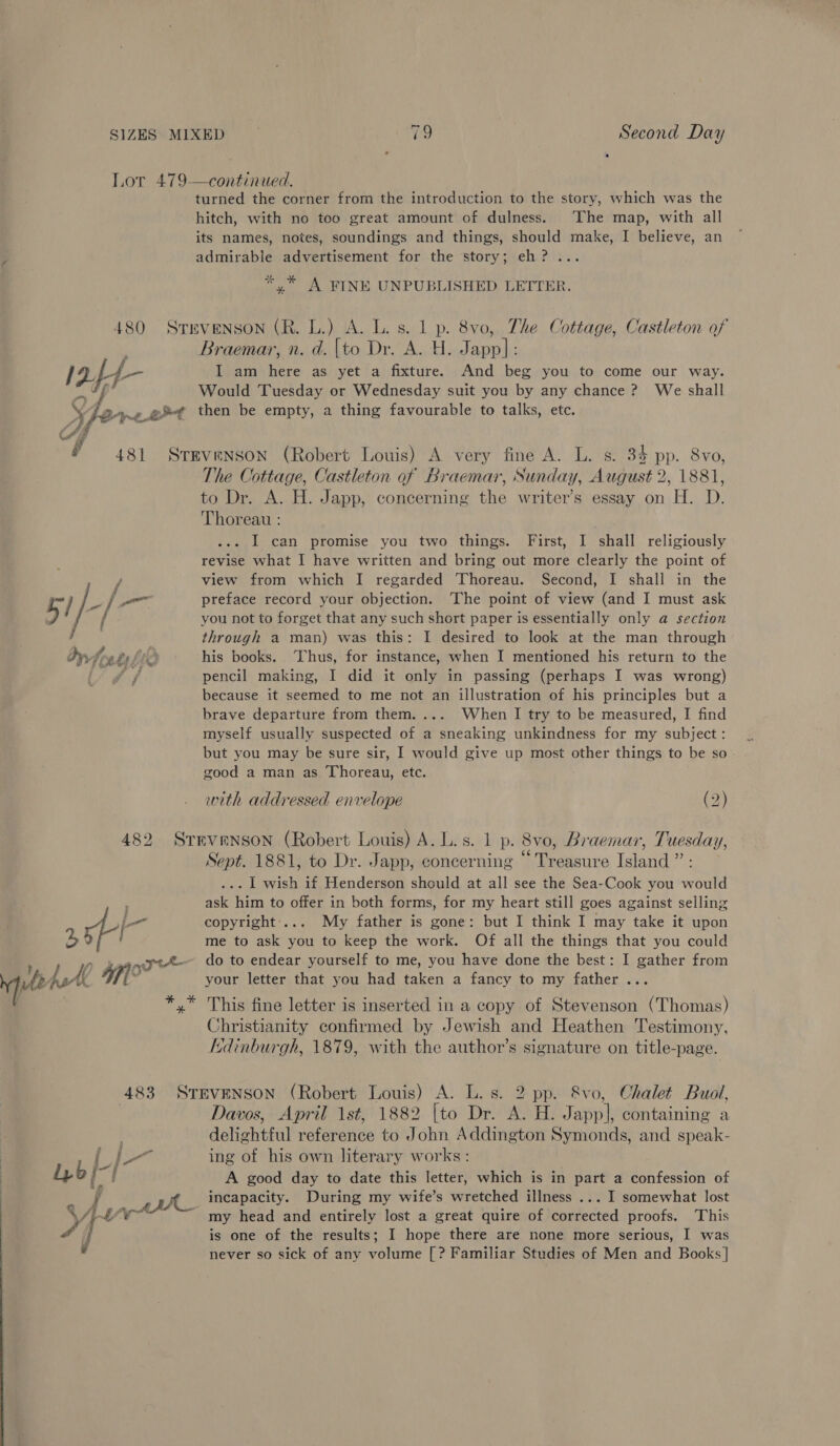 Lor 479—continued. turned the corner from the introduction to the story, which was the hitch, with no too great amount of dulness. The map, with all its names, notes, soundings and things, should make, I believe, an > admirable advertisement for the story; eh? ... * * A FINE UNPUBLISHED LETTER. 480 Srrvenson (R. L.) A. L. s. 1 p. 8vo, The Cottage, Castleton of Braemar, n. d. {to Dr. A. H. Japp]: laff I am here as yet a fixture. And beg you to come our way. Would Tuesday or Wednesday suit you by any chance ? We shall Jere gS-¢ then be empty, a thing favourable to talks, etc. 4 481 Srevenson (Robert Louis) A very fine A. L. s. 34 pp. 8vo, The Cottage, Castleton of Braemar, Sunday, August 2, 1881, to Dr. A. H. Japp, concerning the writer’s essay on H. D. Thoreau : I can promise you two things. First, I shall religiously : revise what I have written and bring out more clearly the point of / view from which I regarded Thoreau. Second, I shall in the 51/ | preface record your objection. The point of view (and I must ask you not to forget that any such short paper is essentially only a section through a man) was this: I desired to look at the man through yvhog by ft his books. Thus, for instance, when I mentioned his return to the Li f f pencil making, I did it only in passing (perhaps I was wrong) because it seemed to me not an illustration of his principles but a brave departure from them. ... When I try to be measured, I find myself usually suspected of a sneaking unkindness for my subject: but you may be sure sir, I would give up most other things to be so good a man as Thoreau, etc. with addressed envelope (2) 482 Srmvenson (Robert Louis) A. L.s. 1 p. 8vo, Braemar, T wesda Y; Sept. 1881, to Dr. Japp, concerning «Baers Island ? . | wish if Henderson should at all see the Sea-Cook you w bias ; ask him to offer in both forms, for my heart still goes against selling sip copyright:... My father is gone: but I think I may take it upon 2 me to ask you to keep the work. Of all the things that you could Oy a do to endear yourself to me, you have done the best: I gather from pat (4 PT your letter that you had taken a fancy to my father . *,* This fine letter is inserted in a copy of Stevenson (Thomas) Christianity confirmed by Jewish and Heathen Testimony, Edinburgh, 1879, with the author’s signature on title-page. 483 STEVENSON (Robert Louis) A. L.s. 2 pp. &amp;vo, Ohalet Buol, Davos, April 1st, 1882 [to Dr. A. H. Tapp containing a delightful reference to John Addington Symonds, and speak- ing of his own literary works: Lpbf-| A good day to date this letter, which is in part a confession of * ie VE incapacity. During my wife’s wretched illness ... | somewhat lost is my head and entirely lost a great quire of corrected proofs. ‘This is one of the results; I hope there are none more serious, I was never so sick of any volume [? Familiar Studies of Men and Books]