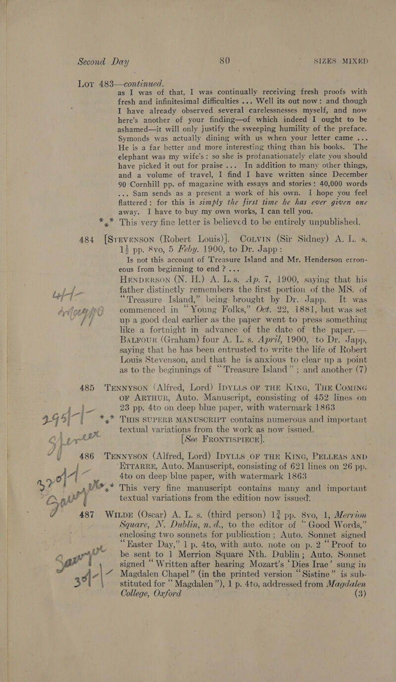 Lor 483—continued. as I was of that, I was continually receiving fresh proofs with fresh and infinitesimal difficulties ... Well its out now: and though I have already observed several carelessnesses myself, and now here’s another of your finding—of which indeed I ought to be ashamed—it will only justify the sweeping humility of the preface. Symonds was actually dining with us when your letter came... He is a far better and more interesting thing than his books. The elephant was my wife’s: so she is profanationately elate you should have picked it out for praise... In addition to many other things, and a volume of travel, I find I have written since December 90 Cornhill pp. of magazine with essays and stories: 40,000 words ... Sam sends as a present a work of his own. I hope you feel flattered: for this is szmfly the first time he has ever given one away. I have to buy my own works, I can tell you. *,* This very fine letter is believed to be entirely unpublished. 484 [Srevenson (Robert Louis)]. Corvin (Sir Sidney) A. L.:s. 14 pp. &amp;vo, 5 Heby. 1900, to Dr. Japp: Is not this account of Treasure Island and Mr. Henderson erron- eous from beginning to end ?... Henperson (N. H.) A. Lis. Ap. 7, 1900, saying that his P } Fe father distinctly remembers the first portion of the MS. of 7! “Treasure Island,” being brought by Dr. Japp. It was iloeee det commenced in “ Young Folks,” Oct. 22, 1881, but was set // up a good deal earlier as the paper went to press something like a fortnight in advance of the date of the paper. — Bat¥rour (Graham) four A. L. s. April, 1900, to Dr. Japp, | saying that he has been entrusted to write the life of Robert | Louis Stevenson, and that he is anxious to clear up a point | as to the beginnings of “Treasure Island” ; and another (7) 485 Trnnyson (Alfred, Lord) IpyLus or THE Kine, THE ComMING or ArTHUR, Auto. Manuscript, consisting of 452 lines on fee ie 23 pp. 4to on deep blue paper, with watermark 1863 é Pate | &gt; : a4 4 ~ | *,* THs SUPERB MANUSCRIPT contains numerous and important hee? textual variations from the work as now issued. OA gh [See Frontispiece]. f , | ie aie 486 TENNYSON (Alfred, Lord) IpyLLs oF THE Kinc, PELLEAS AND ErraRrReE, Auto. Manuscript, consisting of 621 lines on 26 pp. | y Aa 4to on deep blue paper, with watermark 1863 | % .V*,* This very fine manuscript contains many and important Lo AP f textual variations from the edition now issued. aft Z 487 Wipe (Oscar) A. L. s. (third person) 12 pp. 8vo, 1, Merrion Square, N. Dublin, n.d., to the editor of “ Good Words,” enclosing two sonnets for publication; Auto. Sonnet signed ae ‘Easter Day,” 1 p. 4to, with auto. note on p. 2 “Proof to A aah ™ be sent to 1 Merrion Square Nth. Dublin; Auto. Sonnet i \- signed “ Written after hearing Mozart’s ‘Dies Irae’ sung in  Magdalen Chapel ” (in the printed version “Sistine” is sub- stituted for “ Magdalen”), 1 p. 4to, addressed from Magdalen College, Oxford ; (3) 