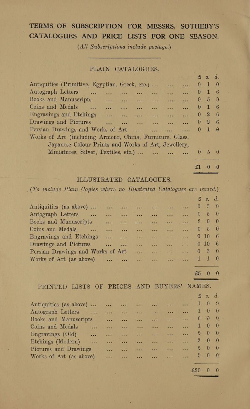 TERMS OF SUBSCRIPTION FOR MESSRS. SOTHEBY’S CATALOGUES AND PRICE LISTS FOR ONE SEASON. (All Subscriptions include postage.)  PLAIN CATALOGUES. Bie Sis. Antiquities (Primitive, Egyptian, Greek, etc.) . Feel ran) Autograph Letters Bie See) dex, i. ar Paint Books and Manuscripts EDS Tp es Coins and Medals Tata bs Oa Iingravings and Htchings OD eoaG Drawings and Pictures Oar cat Persian Drawings and Works of Art 01 @ Works of Art (including Armour, China, renin Glas Japanese Colour Prints and Works of Art, Jewellery, Miniatures; Silver; jlextiles etc, eee tui.) ats.) Ome £070 ILLUSTRATED CATALOGUES. (To wmclude Plain Copies where no Illustrated Catalogues are issued.) ey ROMS Antiquities (as above) ... ae sy ae? Autograph Letters aya Books and Manuscripts eonUree Coins and Medals Orb ree Engravings and Htchings Weel ice Drawings and Pictures ES 0 10726 Persian Drawings and Works of fhe OQ; SRO Works of Art (as above) deel) 250 70:..0 PRINTED LISTS OF PRICES AND BUYERS’ NAMES. post, a. Antiquities (as above) ... eats Autograph Letters aes) Books and Manuscripts G00 at Coins and Medals dies; 30 Engravings (Old) pel Ve Ktchings (Modern) PACH AL Pictures and Drawings aad) 70 Works of Art (as above) » 0 0