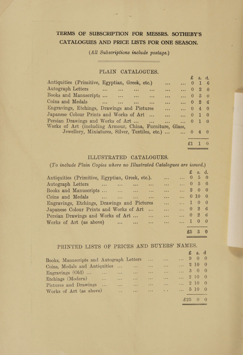 TERMS OF SUBSCRIPTION FOR MESSRS. SOTHEBY’S CATALOGUES AND PRICE LISTS FOR ONE SEASON. (All Subscriptions include postage.)   PLAIN CATALOGUES. Antiquities (Primitive, Se Greek, etc.) : 1 : Autograph Letters ae ae 0 2.28 Books and Manuscripts ... 0 3 2G Coins and Medals 02 Kingravings, Etchings, eves and Pores 0 4 9 Japanese Colour Prints and Works of Art OF Tg Persian Drawings and Works of Art . 0-1 20 Works of Art (including Armour, China, Furniture, Glass, es lee (Gee ILLUSTRATED CATALOGUES. (To include Plain Copies where no Illustrated Catalogues are issued.) ™ Ore wo S Sou out Antiquities (Primitive, oe Greek, ae Autograph Letters AE Books and Manuscripts ... Coins and Medals Engravings, Etchings, Devaenee and Pivattes Japanese Colour Prints and Works of Art Persian Drawings and Works of Art ... Works of Art (as above) RKRFoorHowook Len th Or or So PRINTED LISTS OF PRICES AND BUYERS’ NAMES. Books, Manuscripts and Autograph Letters Coins, Medals and Antiquities = Engravings (Old) ... Etchings (Modern) Pictures and Drawings Works of Art (as above) Coocoooon™ t bo or oS So  SBHAOCDCoOSeS ,