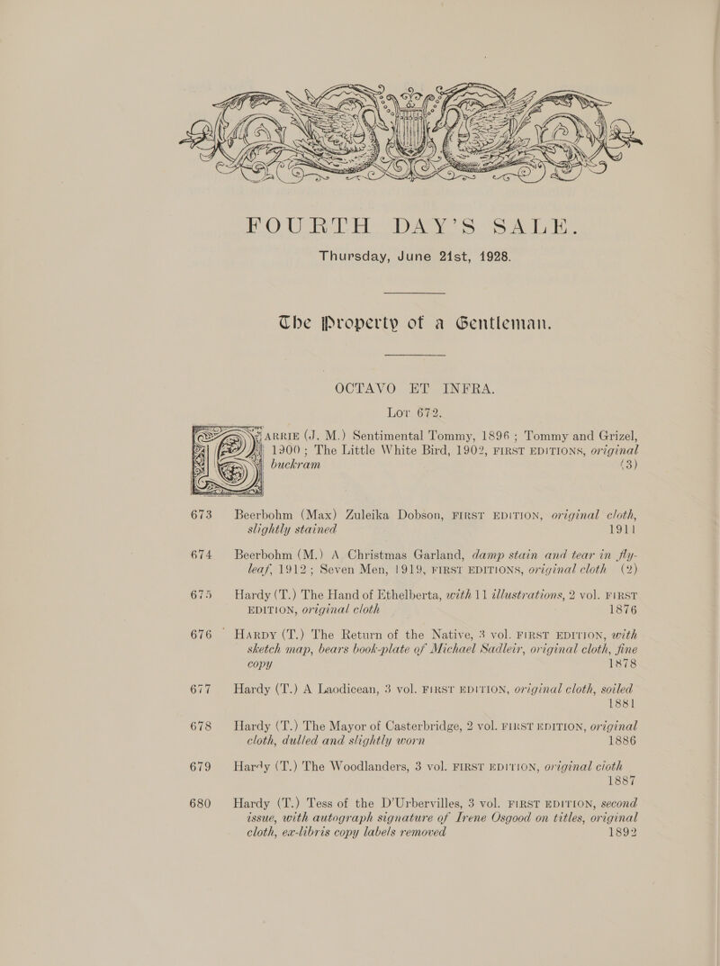  680  The Property of a Gentleman. OCTAVO ET INFRA. Lov 672. \e ARRIE (J. M.) Sentimental Tommy, 1896 ; Tommy and Grizel, 4 1900; The Little White Bird, 1902, FIRST EDITIONS, orzginal ¥| buckram (3) Beerbohm (Max) Zuleika Dobson, FIRST EDITION, original c/oth, slightly stained 1911 Beerbohm (M.) A Christmas Garland, damp stain and tear in fly- leaf, 1912; Seven Men, 1919, FIRST EDITIONS, original cloth (2) Hardy (T.) The Hand of Ethelberta, with 11 illustrations, 2 vol. FIRST EDITION, original cloth 1876 sketch map, bears book-plate of Michael Sadleir, original cloth, fine copy 1878 Hardy (T.) A Laodicean, 3 vol. FiRST EDITION, original cloth, soiled 1881 Hardy (T.) The Mayor of Casterbridge, 2 vol. FIRST EDITION, original cloth, dulled and slightly worn 1886 Hardy (T.) The Woodlanders, 3 vol. FIRST EDITION, original cioth 1887 Hardy (T.) Tess of the D’Urbervilles, 3 vol. FIRST EDITION, second issue, with autograph signature of rene Osgood on titles, original cloth, ex-libris copy labels removed 1892