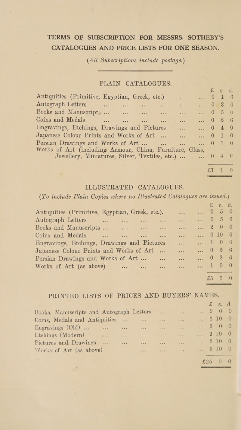 TERMS OF SUBSCRIPTION FOR MESSRS. SOTHEBY’S CATALOGUES AND PRICE LISTS FOR ONE SEASON. (All Subscriptions include postage.)   PLAIN CATALOGUES. Oe Ha ihe Antiquities (Primitive, aoa: Greek, nae Omaia o&gt; Autograph Letters : . Se . 02 0 Books and Manuscripts ... Re mt Coins and Medals ee lingravings, Etchings, eres) and ‘Bets 0 4 9 Japanese Colour Prints and Works of Art en boos, Persian Drawings and Works of Art . O- ie a Works of Art (including Armour, China, Furniture, Glass, Jewellery, Miniatures, Silver, Textiles, etc.) . Ue fino ILLUSTRATED CATALOGUES. (To include Plain Copies where no Illustrated Catalogues are wssued.) Antiquities (Primitive, SUES Greek, ea Autograph Letters oe Books and Manuscripts ... Coins and Medals Kngravings, Htchings, Dees and Tein: Japanese Colour Prints and Works of Art Persian Drawings and Works of Art ... Works of Art (as above) RPOoocorFrowoodt eat oo c&gt;  ee Books, Manuscripts and Autograph Letters... me ap. ae Coins, Medals and Antiquities a me we Zl ODay Engravings (Old) ... oo) ee a = — a. San Etchings (Modern) - a a 2 eee y, 0 Pictures and Drawings at a Yorks of Art (as above) : bes rs et ee ast, 