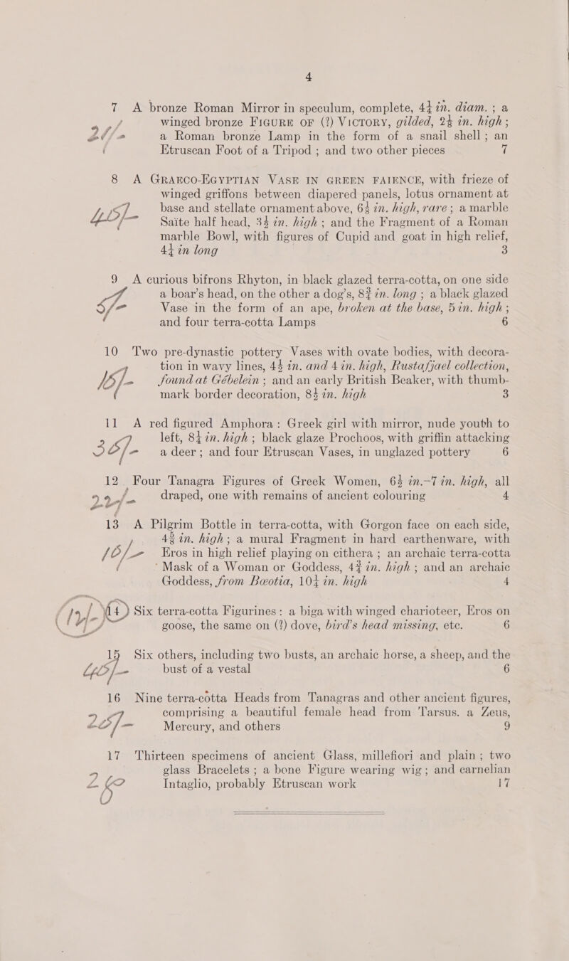 7 A bronze Roman Mirror in speculum, complete, 4472. diam. ; a me winged bronze Figure or (2) Victory, gilded, 24 in. high ; Zii/a a Roman bronze Lamp in the form of a snail shell; an ' Etruscan Foot of a Tripod ; and two other pieces 7 8 A GRArECO-EGYPTIAN VASE IN GREEN FAIENCE, with frieze of winged griffons between diapered panels, lotus ornament at Lbs base and stellate ornament above, 64 in. high, rare ; a marble /~ — Saite half head, 34 in. high ; and the Fragment of a Roman marble Bowl, with figures of Cupid and goat in high relief, 44 in long 5 9 A curious bifrons Rhyton, in black glazed terra-cotta, on one side a boar’s head, on the other a dog’s, 8? in. long ; a black glazed S/- Vase in the form of an ape, broken at the base, 5in. high ; and four terra-cotta Lamps 6 10 ‘Two pre-dynastic povteny Vases with ovate bodies, with decora- Ss tion in wavy lines, 44 in. and 4 in. high, Rustafjael collection, 33 if Sound at Gébelein ; aaa an eal British Beaker, with thumb- ( mark border Neceanos Skin. high 3) 11 A red figured Amphora: Greek girl with mirror, nude youth to left, 84 2n. high ; black glaze Prochoos, with griffin attacking © fe adeer; and four Etruscan Vases, in unglazed pottery 6 12. Four Tanagra Figures of Greek Women, 64 in.—T in. high, all £ . . ° . 9 9./ draped, one with remains of ancient colouring a ate ace | 13 A Pilgrim Bottle in terra-cotta, with Gorgon face on each side, 43 in. high; a mural Fragment in hard earthenware, with ps OD ys _— Kros in high relief playing on cithera ; an archaic terra-cotta / * Mask of a Woman or Goddess, 4#7n. high ; and an archaic Goddess, from Baotia, 10+ in. high 4 LO Six terra-cotta Figurines: a biga with winged charioteer, Eros on goose, the same on (? dows bird’s head missing, ete. 6 Pd 15 Six others, including two busts, an archaic horse, a sheep, and the Lf /S bust of a vestal 6 16 Nine terra-cotta Heads from Tanagras and other ancient figures, &gt; ¢ comprising a beautiful female head from ‘Tarsus. a Zeus, aw f— Mercury, and others 9 17 Thirteen specimens of ancient Glass, millefiori and plain ; two = glass Bracelets ; a bone Figure wearing wig; and carnelian a Oi Intaglio, probably Etruscan work 17  