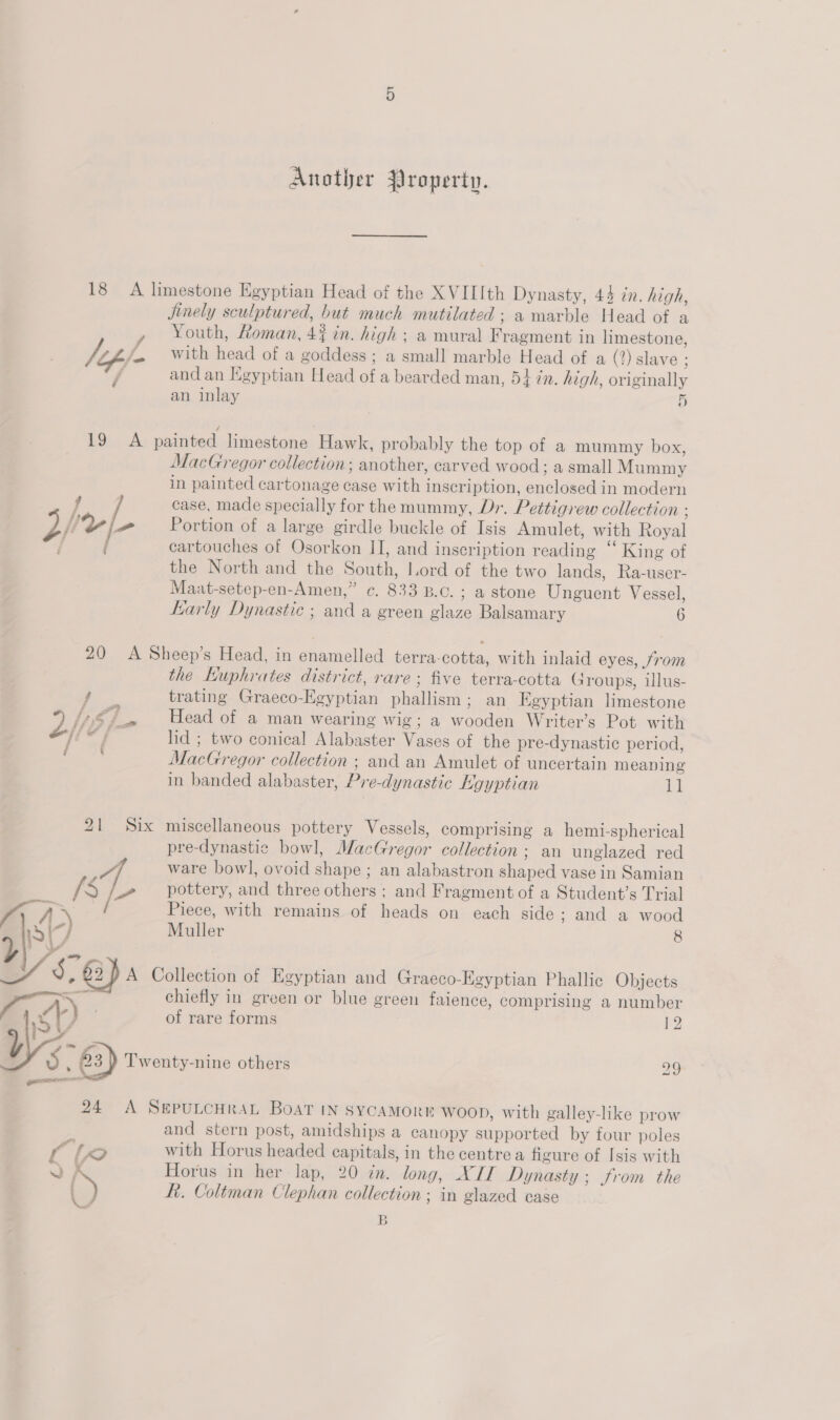Another Property. 18 A limestone Egyptian Head of the XVIIIth Dynasty, 44 zn. high, jinely sculptured, but much mutilated ; a marble Head of a , Youth, Roman, 4% in. high ; a mural Fragment in limestone, lefp-/- with head of a goddess ; a small marble Head of a (2) slave ; / and an Egyptian Head of a bearded man, 5} in. high, originally an inlay 5 19 A painted limestone Hawk, probably the top of a mummy box, MacGregor collection; another, carved wood; a small Mummy in painted cartonage case with inscription, enclosed in modern f case, made specially for the mummy, Dr. Pettigrew collection : Liv - Portion of a large girdle buckle of Isis Amulet, with Royal / i cartouches of Osorkon II, and inscription reading “ King of the North and the South, Lord of the two lands, Ra-user- Maat-setep-en-Amen,” c. 833 B.c. ; a stone Unguent Vessel, Karly Dynastic ; and a green glaze Balsamary 6 20 A Sheep’s Head, in enamelled terra-cotta, with inlaid eyes, from the Huphrates district, rare; five terra-cotta Groups, illus- ; trating Graeco-Egyptian phallism; an Egyptian limestone *) ne... Head of a man wearing wig; a wooden Writer’s Pot with tt Lal i lid ; two conical Alabaster Vases of the pre-dynastic period, Pa MacGregor collection ; and an Amulet of uncertain meaning in banded alabaster, Pre-dynastic Egyptian i} 21 Six miscellaneous pottery Vessels, comprising a hemi-spherical pre-dynastic bowl, MacG'regor collection ; an unglazed red a4 ware bowl, ovoid shape ; an alabastron shaped vase in Samian i pottery, and three others ; and Fragment of a Student’s Trial A al Piece, with remains of heads on each side; and a wood | R - Muller 8 a -/ 5, Ga) A Collection of Egyptian and Graeco-Egyptian Phallic Objects A) chiefly in green or blue green faience, comprising a number “) 7 of rare forms 12 ) 1 3 4 5. 23 } Twenty-nine others 29 —— 24 A SEPULCHRAL BOAT IN SYCAMORE WOOD, with galley-like prow and stern post, amidships a canopy supported by four poles fle with Horus headed capitals, in the centre a figure of Isis with K Horus in her lap, 20 in. long, XII Dynasty ; from the \ fi. Coltman Clephan collection ; in glazed case et B