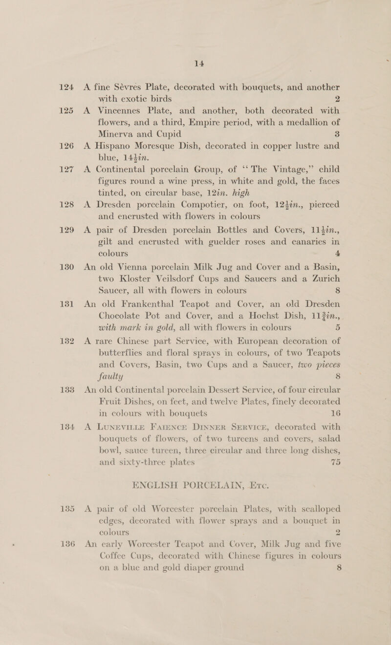 124 125 126 127 128 129 130 131 132 1338 134 136 14 A. fine Sévres Plate, decorated with bouquets, and another with exotic birds 2 A Vincennes Plate, and another, both decorated with flowers, and a third, Empire period, with a medallion of Minerva and Cupid 3 A. Hispano Moresque Dish, decorated in copper lustre and blue, 1447n. A Continental porcelain Group, of ‘‘ The Vintage,” child figures round a wine press, in white and gold, the faces tinted, on circular base, 12in. high A Dresden porcelain Compotier, on foot, 1240n., pierced and encrusted with flowers in colours A pair of Dresden porcelain Bottles and Covers, 1142n., gilt and encrusted with guelder roses and canaries in colours 4 An old Vienna porcelain Milk Jug and Cover and a Basin, two Kloster Veilsdorf Cups and Saucers and a Zurich Saucer, all with flowers in colours 8 An old Frankenthal Teapot and Cover, an old Dresden Chocolate Pot and Cover, and a Hochst Dish, 1132zn.,. with mark in gold, all with flowers in colours 5 A rare Chinese part Service, with European decoration of butterflies and floral sprays in colours, of two Teapots and Covers, Basin, two Cups and a Saucer, two pieces faulty 8 An old Continental porcelain Dessert Service, of four circular Fruit Dishes, on feet, and twelve Plates, finely decorated in colours with bouquets 16 A LUNEVILLE FAIENCE DINNER SERVICE, decorated with bouquets of flowers, of two tureens and covers, salad bowl, sauce tureen, three circular and three long dishes, and sixty-three plates 75 ENGLISH PORCELAIN, Erc. A. pair of old Worcester porcelain Plates, with scalloped edges, decorated with flower sprays and a bouquet in colours . 2 An early Worcester Teapot and Cover, Milk Jug and five Coffee Cups, decorated with Chinese figures in colours