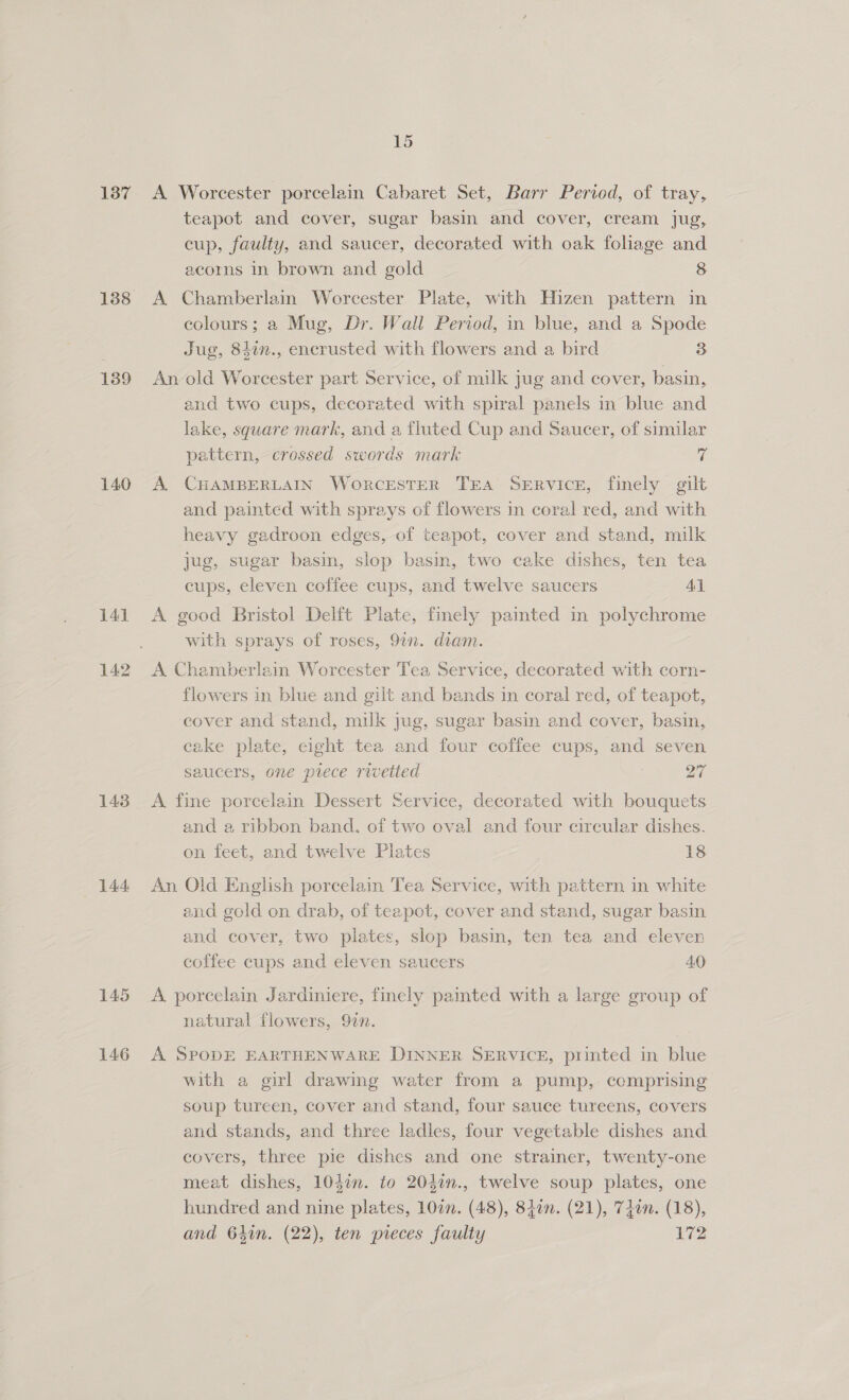 137 138 139 140 141 142 143 144 145 146 15 A Worcester porcelain Cabaret Set, Barr Period, of tray, teapot and cover, sugar basin and cover, cream jug, cup, faulty, and saucer, decorated with oak foliage and acorns in brown and gold 8 A Chamberlain Worcester Plate, with Hizen pattern in colours; a Mug, Dr. Wall Period, in blue, and a Spode Jug, 847n., encrusted with flowers and a bird 3 An old Worcester part Service, of milk jug and cover, basin, and two cups, decorated with spiral panels in blue and lake, square mark, and a fluted Cup and Saucer, of similar pattern, crossed swords mark x A. CHAMBERLAIN WoRrCESTER TEA SERVICE, finely gilt and painted with sprays of flowers in coral red, and with heavy gadroon edges, of teapot, cover and stand, milk jug, sugar basin, slop basin, two cake dishes, ten tea cups, eleven coffee cups, and twelve saucers Al A good Bristol Delft Plate, finely painted in polychrome with sprays of roses, 97n. diam. A Chamberlain Worcester Tea Service, decorated with corn- flowers in blue and gilt and bands in coral red, of teapot, cover and stand, milk jug, sugar basin and cover, basin, cake plate, eight tea and four coffee cups, and seven saucers, one prece rivetied | 27 A fine porcelain Dessert Service, decorated with bouquets and a ribbon band. of two oval and four circular dishes. on feet, and twelve Plates 18 An Old English porcelain Tea Service, with pattern in white and gold on drab, of teapot, cover and stand, sugar basin and cover, two plates, slop basin, ten tea and eleven coffee cups and eleven saucers AO A porcelain Jardiniere, finely painted with a large group of natural flowers, 92n. A SPODE EARTHENWARE DINNER SERVICE, printed in blue with a girl drawing water from a pump, comprising soup tureen, cover and stand, four sauce tureens, covers and stands, and three ladles, four vegetable dishes and covers, three pie dishes and one strainer, twenty-one meat dishes, 104¢n. to 2040n., twelve soup plates, one hundred and nine plates, 10n. (48), 840n. (21), 74an. (18), and 64in. (22), ten pieces faulty 172
