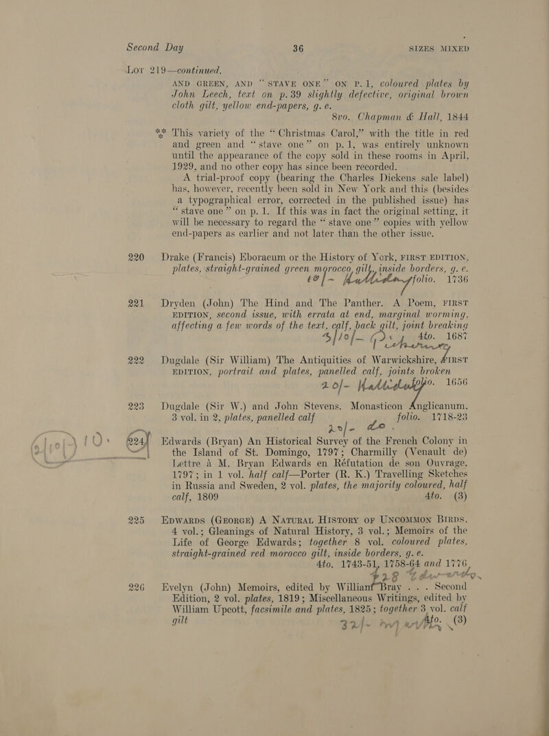 220 221 R22 AND GREEN, AND “STAVE ONE” ON P.1, coloured plates by John Leech, text on p.39 slightly defective, original brown cloth gilt, yellow end-papers, g. é. 8vo. Chapman &amp; Hall, 1844 and green and “stave one” on p.1, was entirely unknown until the appearance of the copy sold in these rooms in April, 1929, and no other copy has since been recorded. - A trial-proof copy (bearing the Charles Dickens sale label) has, however, recently been sold in New York and this (besides a typographical error, corrected in the published issue) has “stave one” on p. 1. If this was in fact the original setting, it will be necessary to regard the * stave one” copies with yellow end-papers as earlier and not later than the other issue. Drake (Francis) Eboracum or the History of York, FIRST EDITION, plates, straight-grained green morocco, gilt, inside borders, g. e. tO folio. 1736   ae Dryden (John) The Hind and The Panther. A Poem, FIRST EDITION, second issue, with errata at end, marginal worming, affecting a few words of the teat, calf, ieee joint breaking 4 //0/~ ‘ 4to. 1687 Dugdale (Sir William) The Antiquities of Warwickshire, 7 EDITION, portrait and plates, panelled calf, joints broken 2 of- senses 1656 Dugdale (Sir W.) and John Stevens. Monasticon Anglicanum, 3 vol. in 2, plates, panelled calf folio. 1718-23 A0/- Le ‘ Edwards (Bryan) An Historical Survey of the French Colony in the Island of St. Domingo, 1797; Charmilly (Venault de) Lettre 4 M. Bryan Edwards en Réfutation de son Ouvrage, 1797; in 1 vol. half calf—Porter (R. K.) Travelling Sketches in Russia and Sweden, 2 vol. plates, the majority coloured, half calf, 1809 Ato. (3) Epwarps (Grorce) A Natura History or UNCOMMon Birps, 4 vol.; Gleanings of Natural History, 3 vol.; Memoirs of the Life of George Edwards; together 8 vol. coloured plates, straight-grained red morocco gilt, inside borders, g. e. 4to. 1743-51, 1758-64 and 1776 &gt;» “Ee JS, n/t Evelyn (John) Memoirs, edited by WillianfBray . . . Second Edition, 2 vol. plates, 1819; Miscellaneous Writings, edited by William Upcott, facsimile and plates, 1825; together 3 vol. calf } &gt;