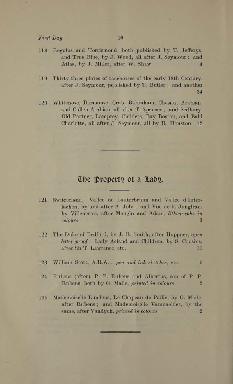 118 Regulus and Torrismond, both published by T. Jefferys, and True Blue, by J. Wood, all after J. Seymour: and Atlas, by J. Miller, after W. Shaw + 119 Thirty-three plates of racehorses of the early 18th Century, after J. Seymour, published by T. Butler ; and another 34 120 Whitenose, Dormouse, Crab, Babraham, Chesnut Arabian, and Cullen Arabian, all after T. Spencer ; and Sedbury, Old Partner, Lamprey, Childers, Bay Boston, and Bald Charlotte, all after J. Seymour, all by R. Houston 12 Che Property of a Lady. 121 Switzerland. Vallée de Lauterbrunn and Vallée d’Inter- lachen, by and after A. Joly ; and Vue de la Jungfrau, by Villeneuve, after Mongin and Adam, lithogruphs in colours 3 122 The Duke of Bedford, by J. R. Smith, after Hoppner, open letter proof; Lady Acland and Children, by S. Cousins, after Sir T. Lawrence, etc. 10 123 William Stott, A.R.A.: pen and ink sketches, etc. 9 124 Rubens (after). P. P. Rubens and Albertus, son of P. P. Rubens, both by G. Maile, printed in colours 2 125 Mademoiselle Lundens, Le Chapeau de Paille, by G. Maile, after Rubens; and Mademoiselle Vanmaelder, by the same, after Vandyck, printed in colours 2