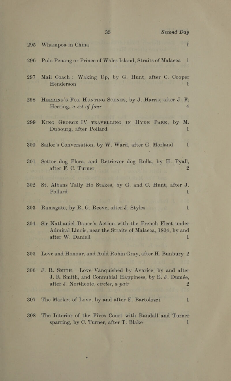 296 297 298 299 300 301 303 304 307 308 35 Second Day Pulo Penang or Prince of Wales Island, Straits of Malacca 1 Mail Coach: Waking Up, by G. Hunt, after C. Cooper Henderson 1 HERRING’S Fox Huntine SCENES, by J. Harris, after J. F. Herring, a set of four 4 Kina GrorGce IV TRAVELLING IN Hyper Park, by M. Dubourg, after Pollard ] Sailor’s Conversation, by W. Ward, after G. Morland 1 Setter dog Flora, and Retriever dog Rolla, by H. Pyall, after F. C. Turner 2 St. Albans Tally Ho Stakes, by G. and C. Hunt, after J. Pollard | Ramsgate, by R. G. Reeve, after J. Styles 1 Sir Nathaniel Dance’s Action with the French Fleet under Admiral Linois, near the Straits of Malacca, 1804, by and after W. Daniell 1 Love and Honour, and Auld Robin Gray, after H. Bunbury 2 J. R. SmitaH. Love Vanquished by Avarice, by and after J. R. Smith, and Connubial Happiness, by E. J. Dumée, after J. Northcote, circles, a pair 2 The Market of Love, by and after F. Bartolozzi 1 The Interior of the Fives Court with Randall and Turner sparring, by C. Turner, after T. Blake 1